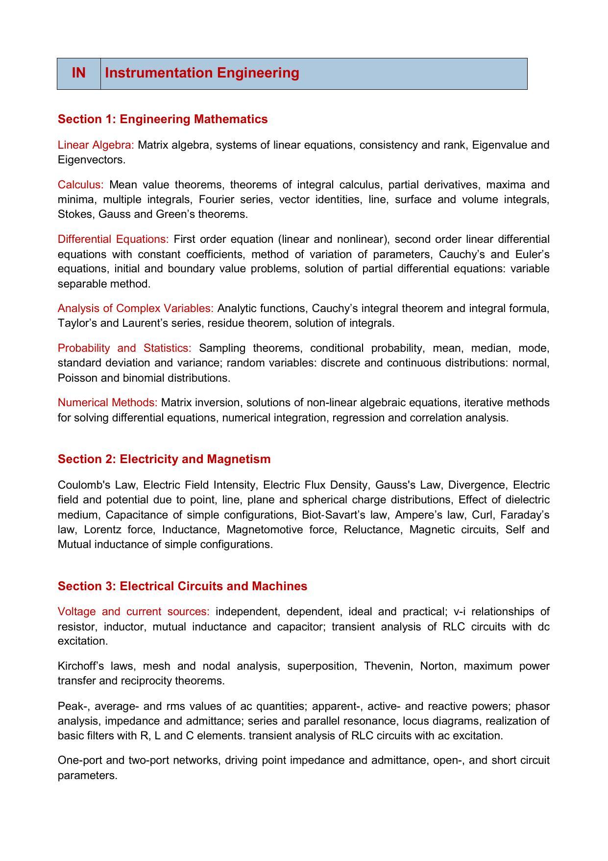 GATE Instrumentation Engineering Syllabus - Page 1