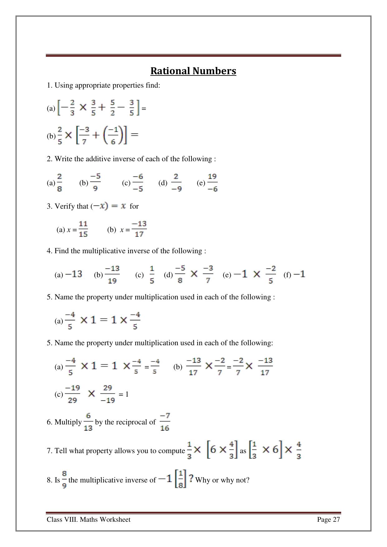 CBSE Worksheets for Class 8 Mathematics Rational Numbers Assignment 1 - Page 1
