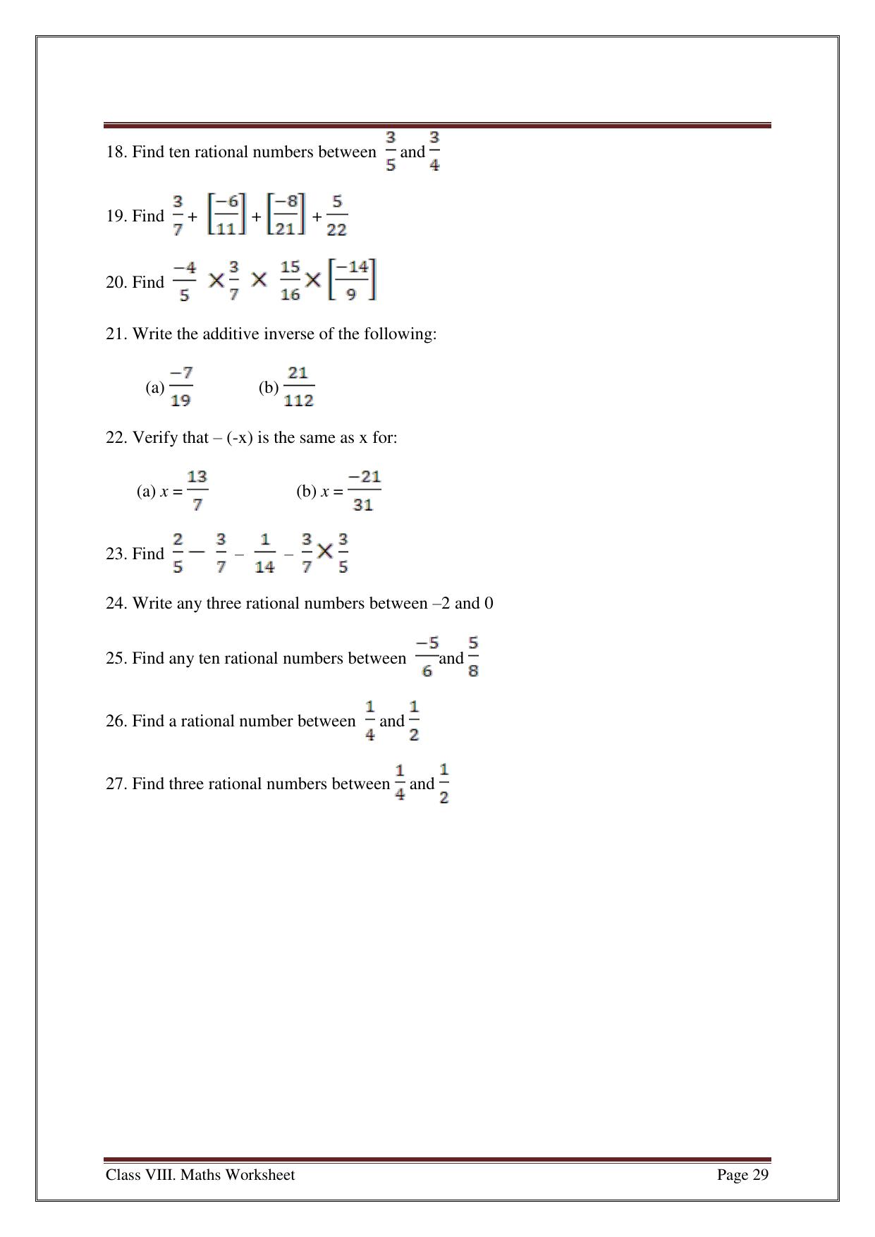 CBSE Worksheets for Class 8 Mathematics Rational Numbers Assignment 1 - Page 3