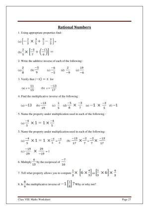 CBSE Worksheets for Class 8 Mathematics Rational Numbers Assignment 1