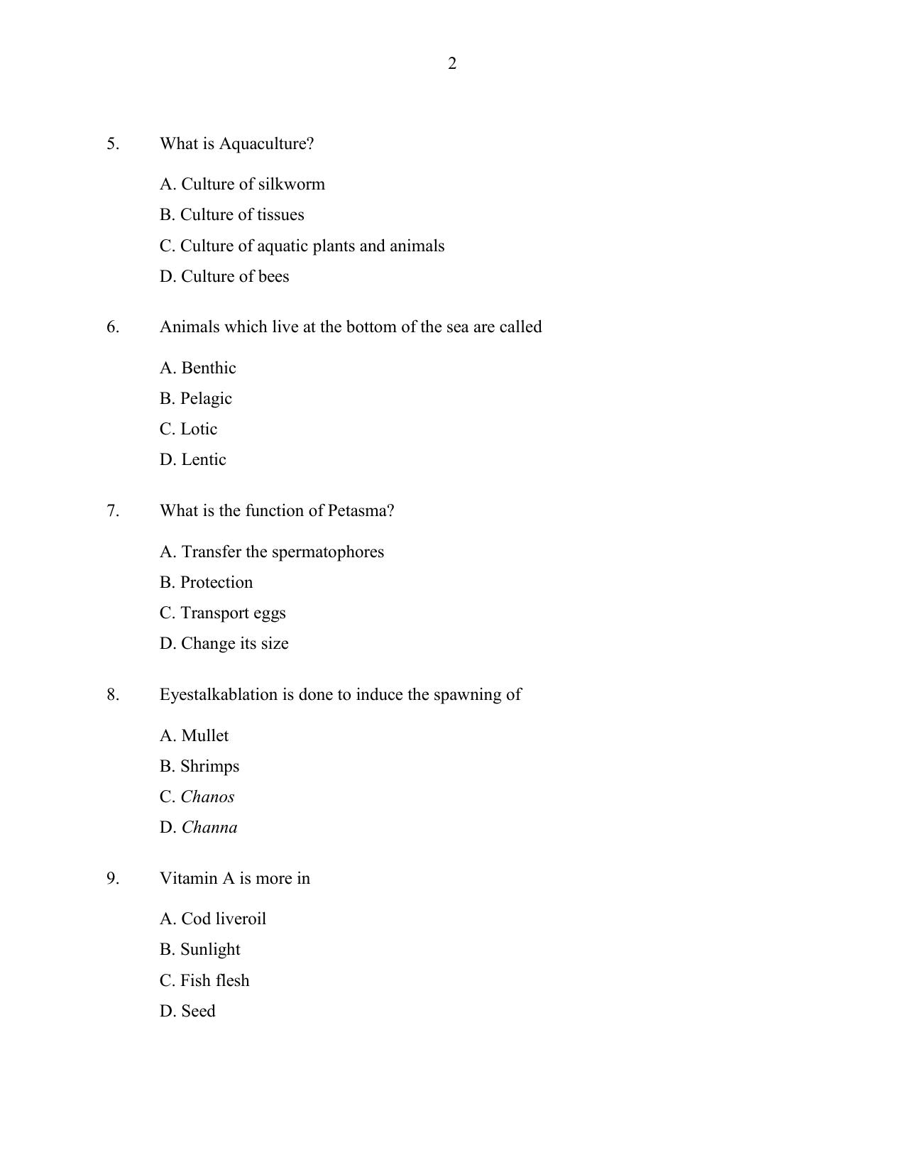 CUSAT CAT 2016 Fisheries Question Paper - Page 2