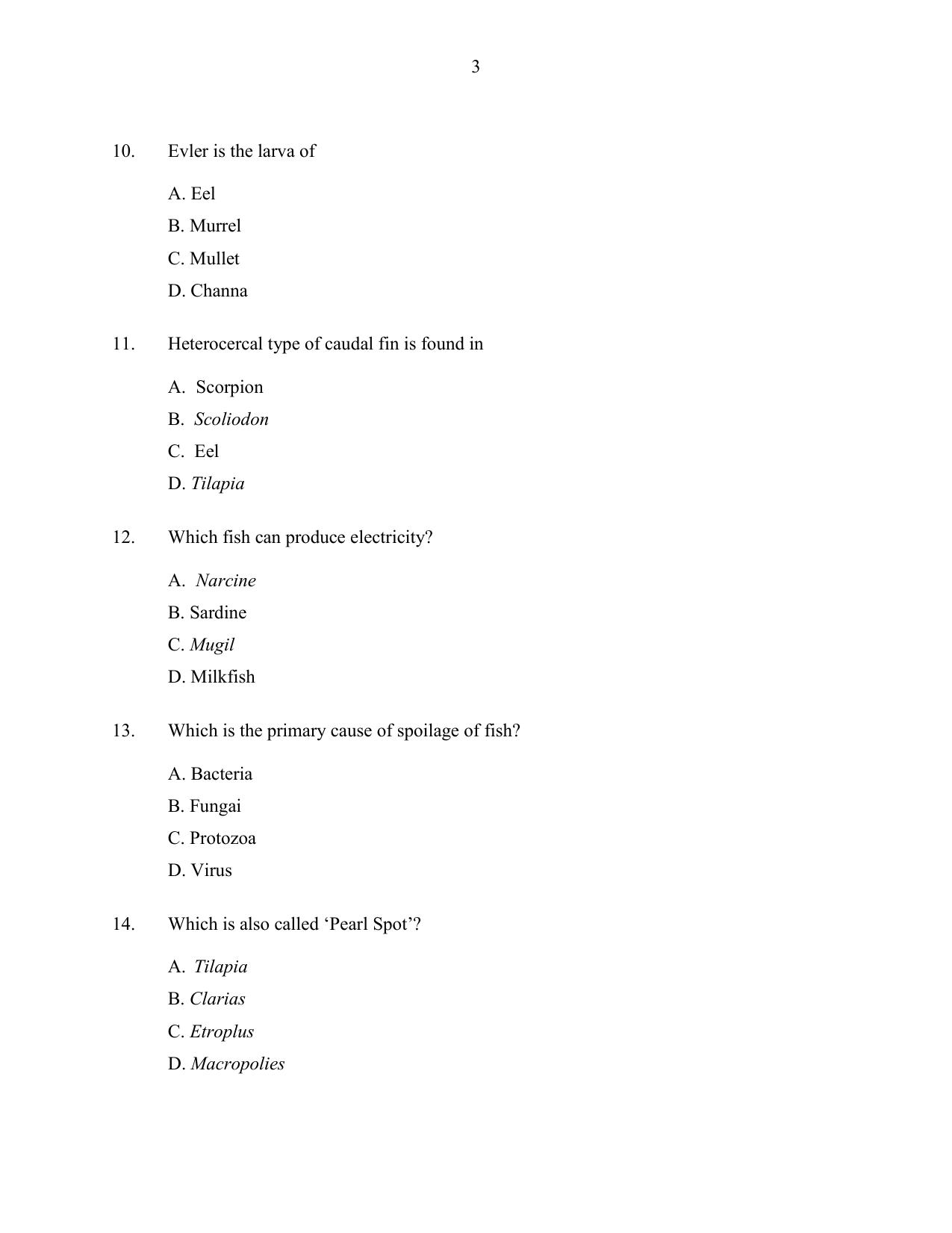 CUSAT CAT 2016 Fisheries Question Paper - Page 3