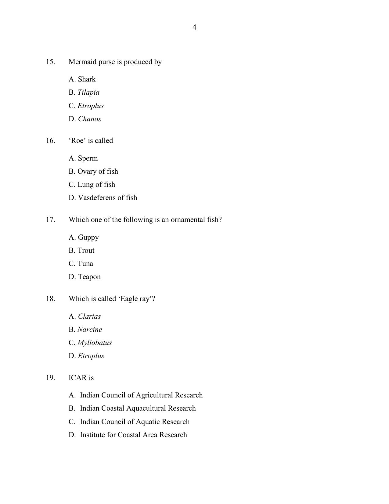 CUSAT CAT 2016 Fisheries Question Paper - Page 4