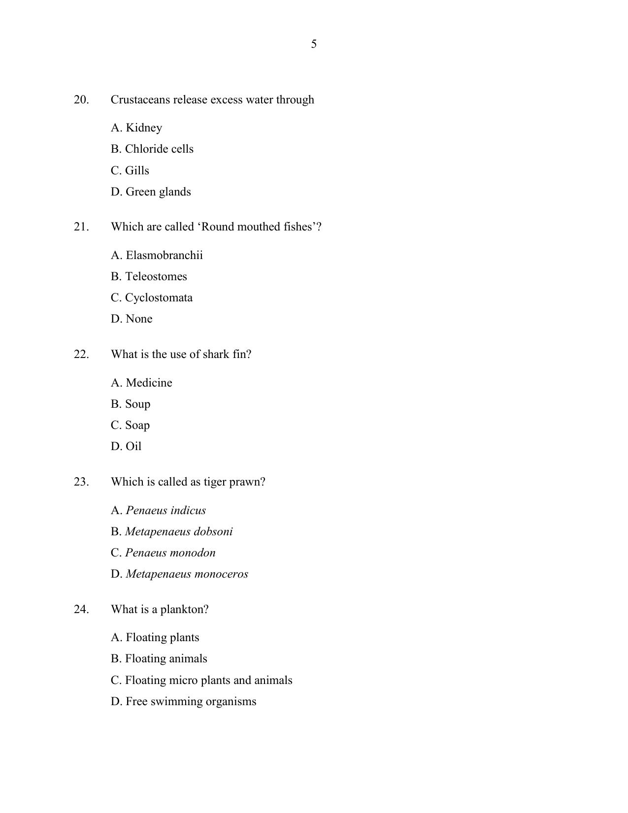 CUSAT CAT 2016 Fisheries Question Paper - Page 5