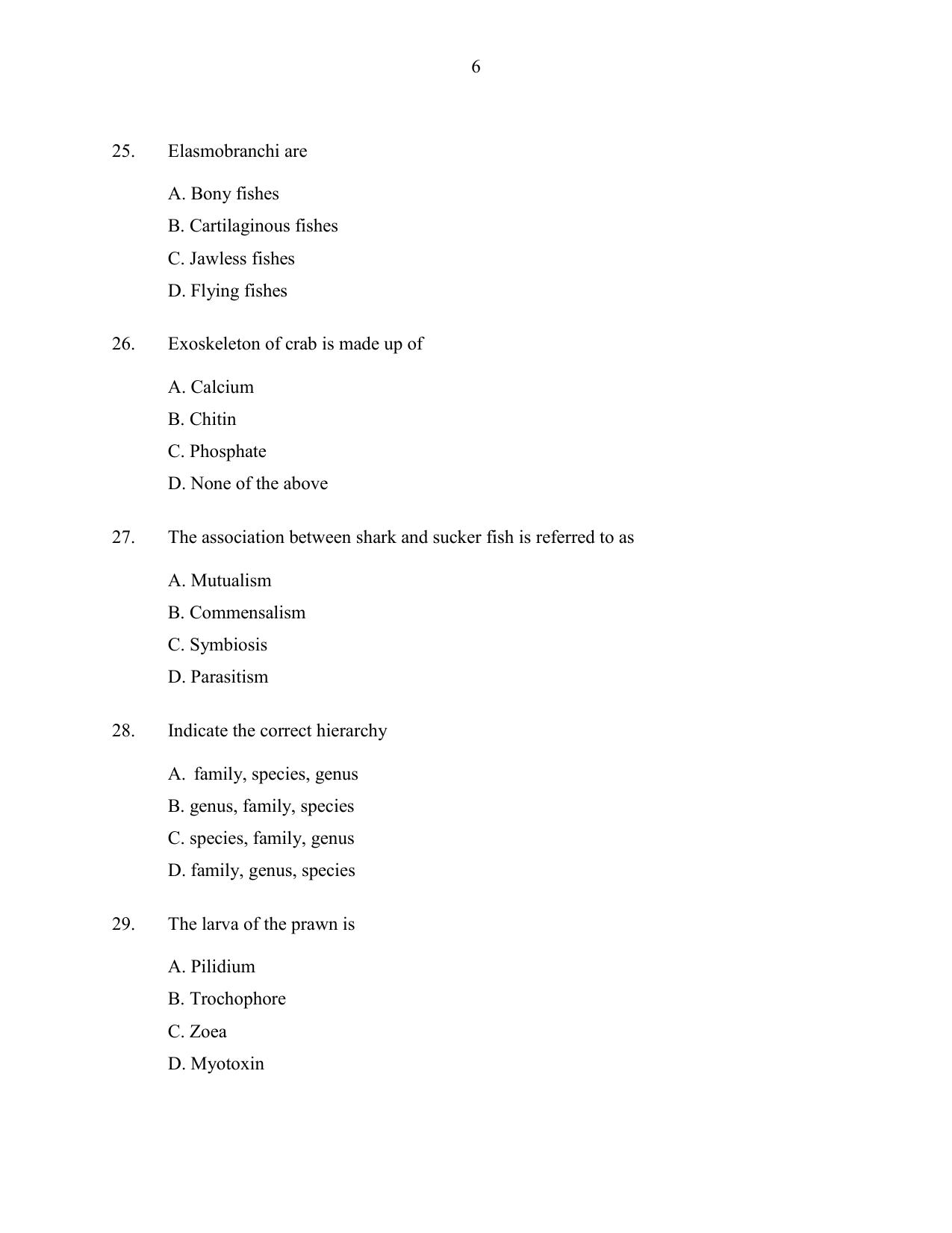 CUSAT CAT 2016 Fisheries Question Paper - Page 6