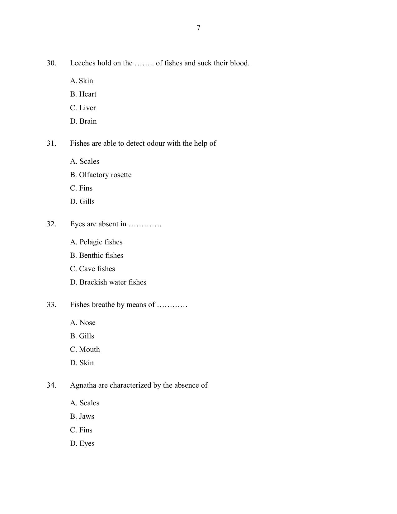 CUSAT CAT 2016 Fisheries Question Paper - Page 7