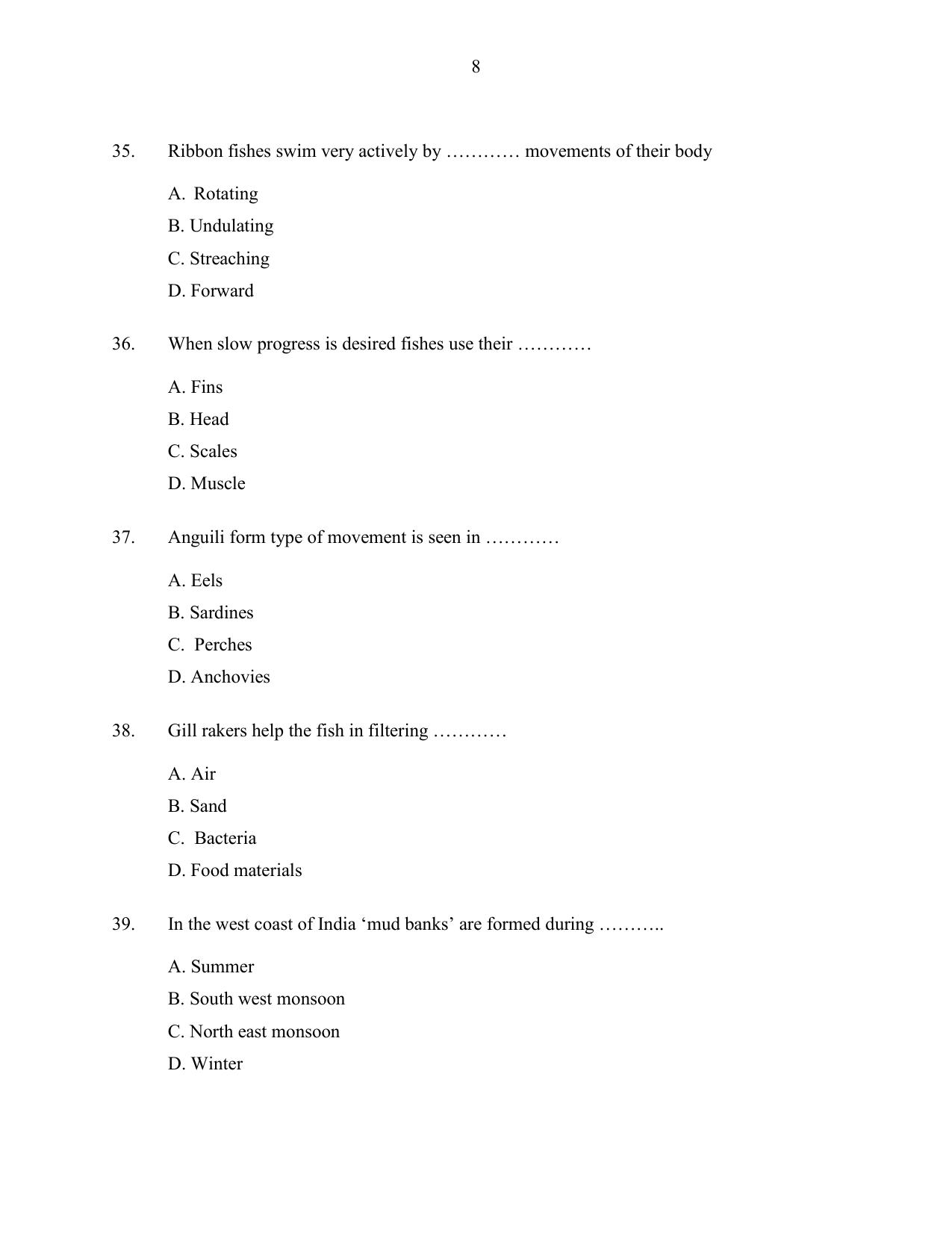 CUSAT CAT 2016 Fisheries Question Paper - Page 8