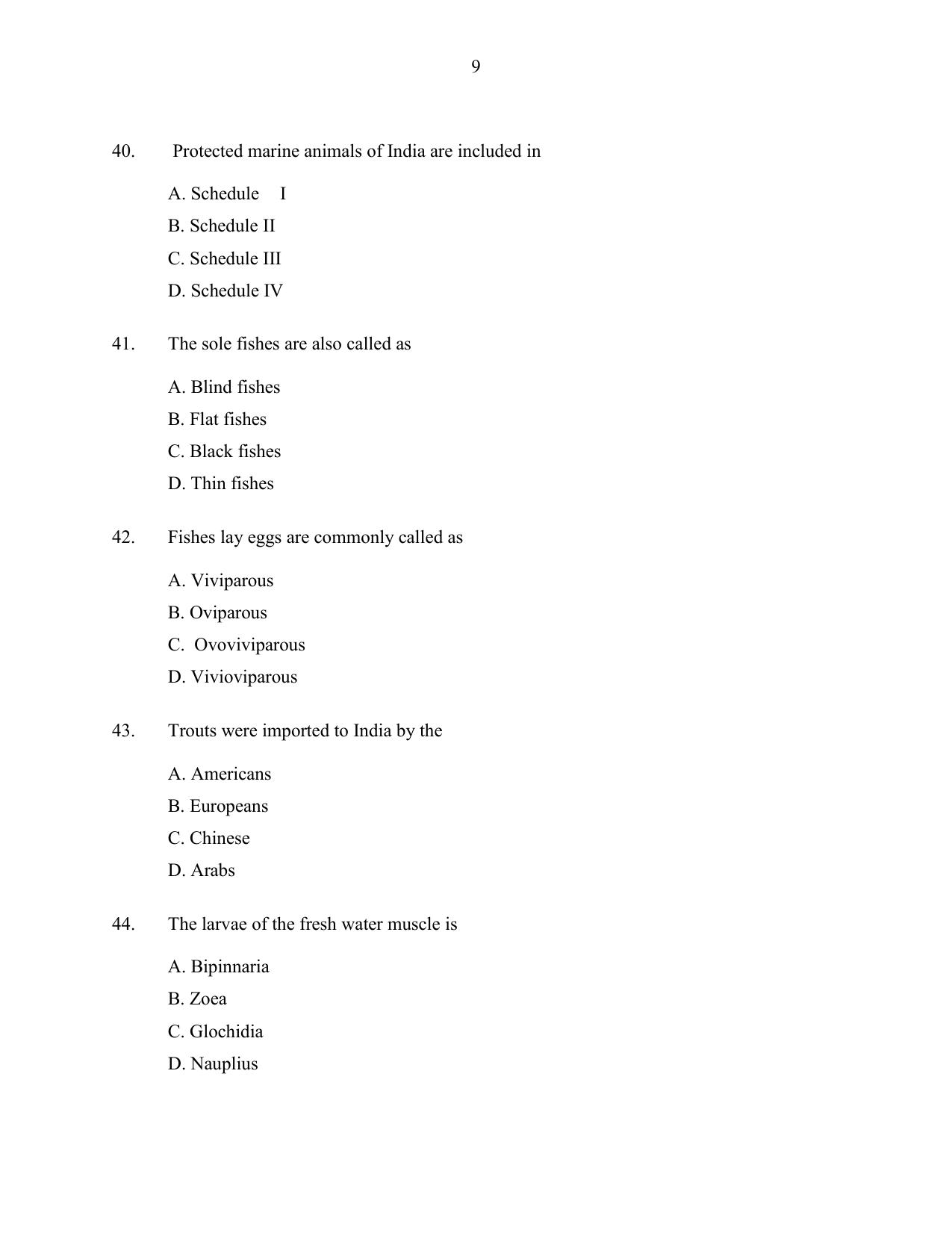 CUSAT CAT 2016 Fisheries Question Paper - Page 9