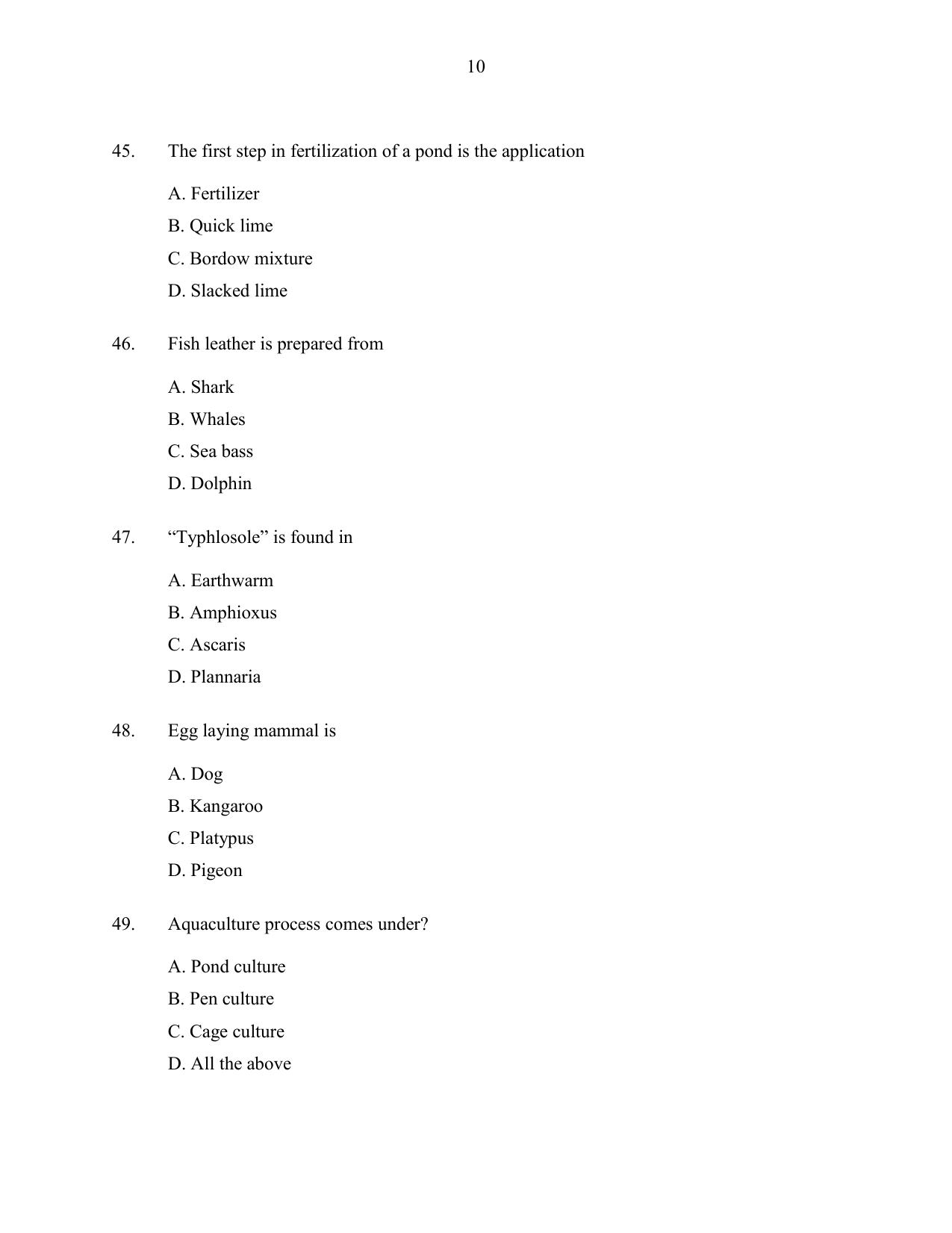 CUSAT CAT 2016 Fisheries Question Paper - Page 10