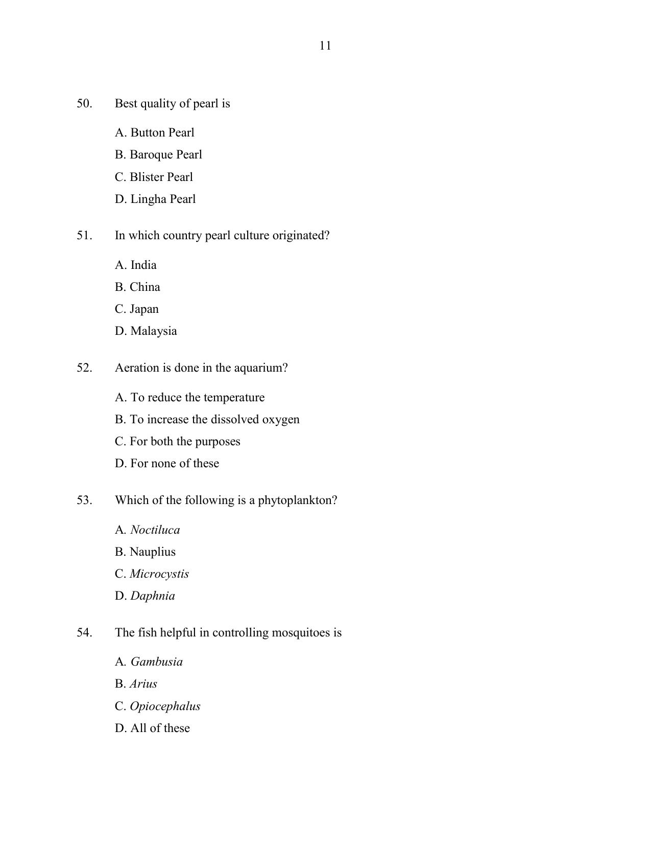 CUSAT CAT 2016 Fisheries Question Paper - Page 11