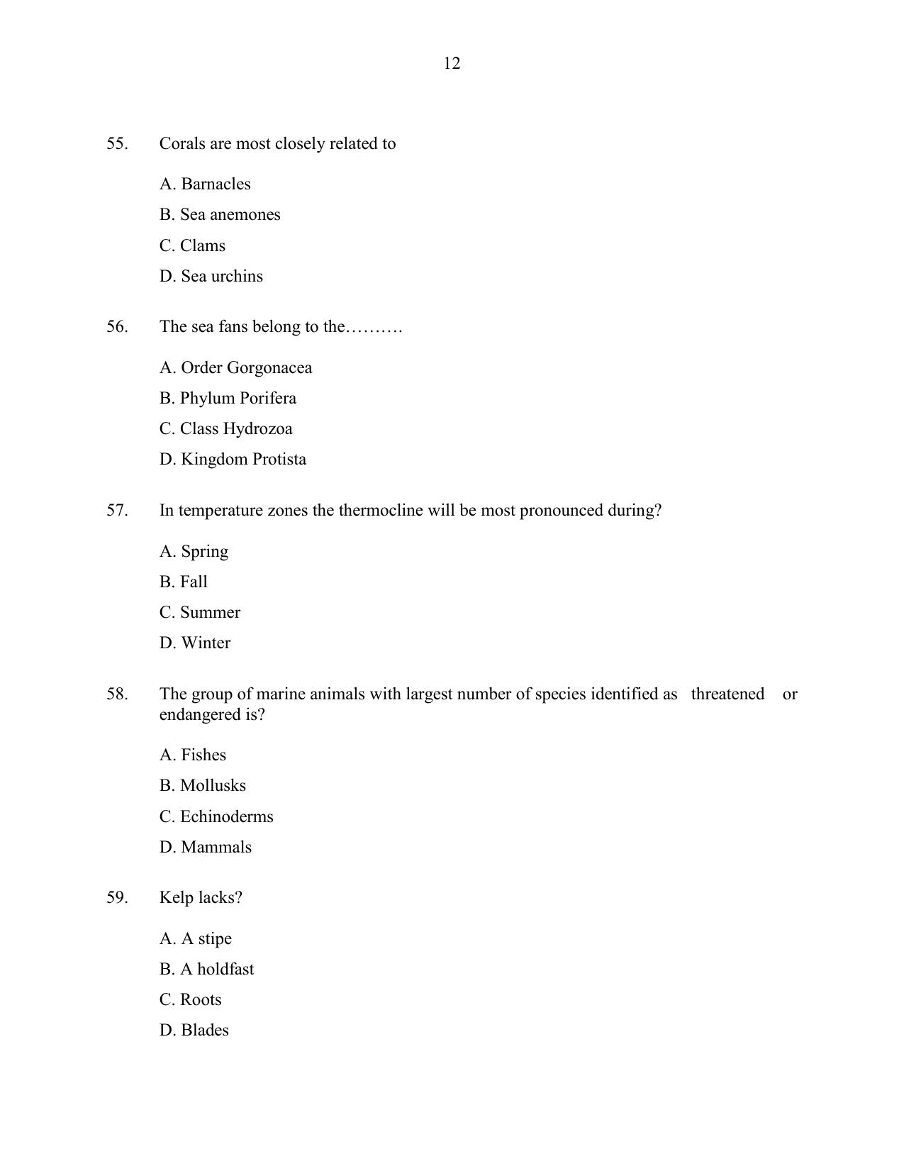 CUSAT CAT 2016 Fisheries Question Paper - Page 12