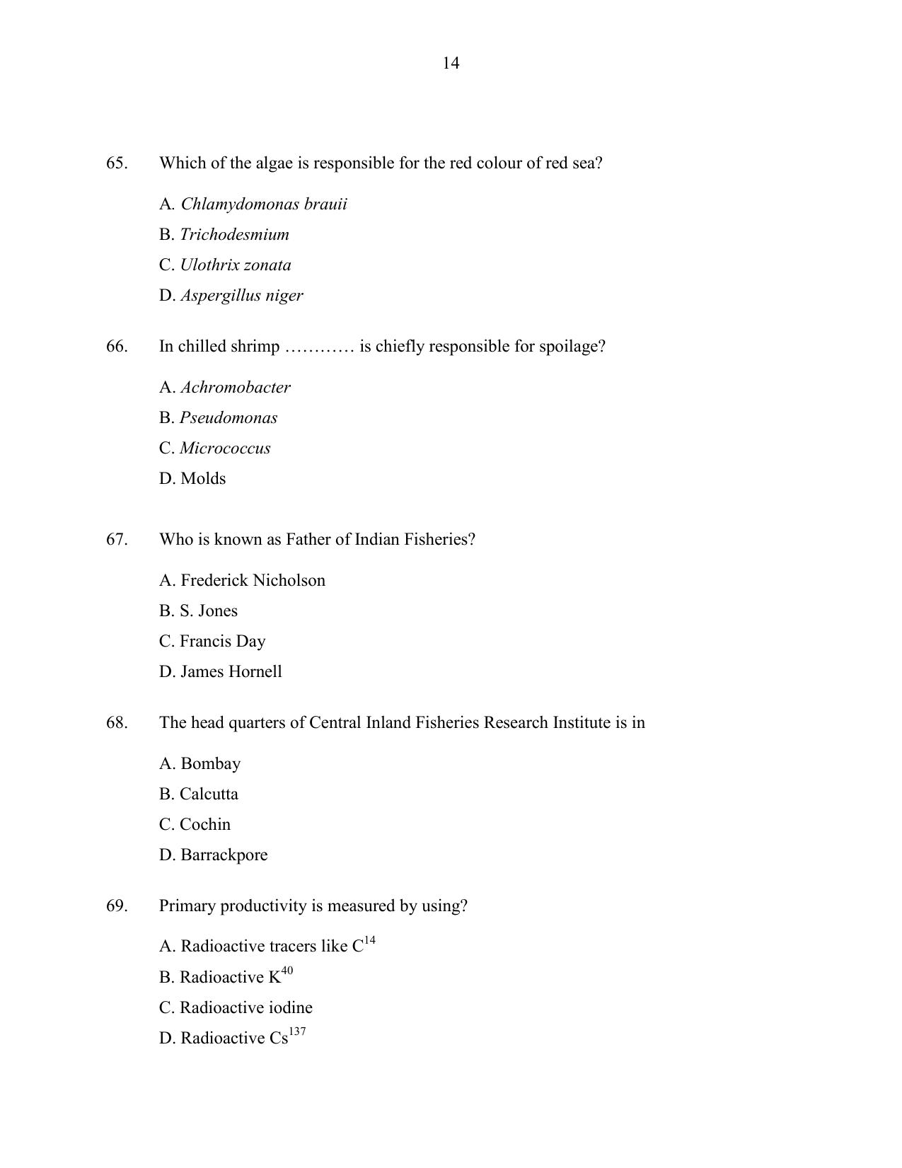 CUSAT CAT 2016 Fisheries Question Paper - Page 14