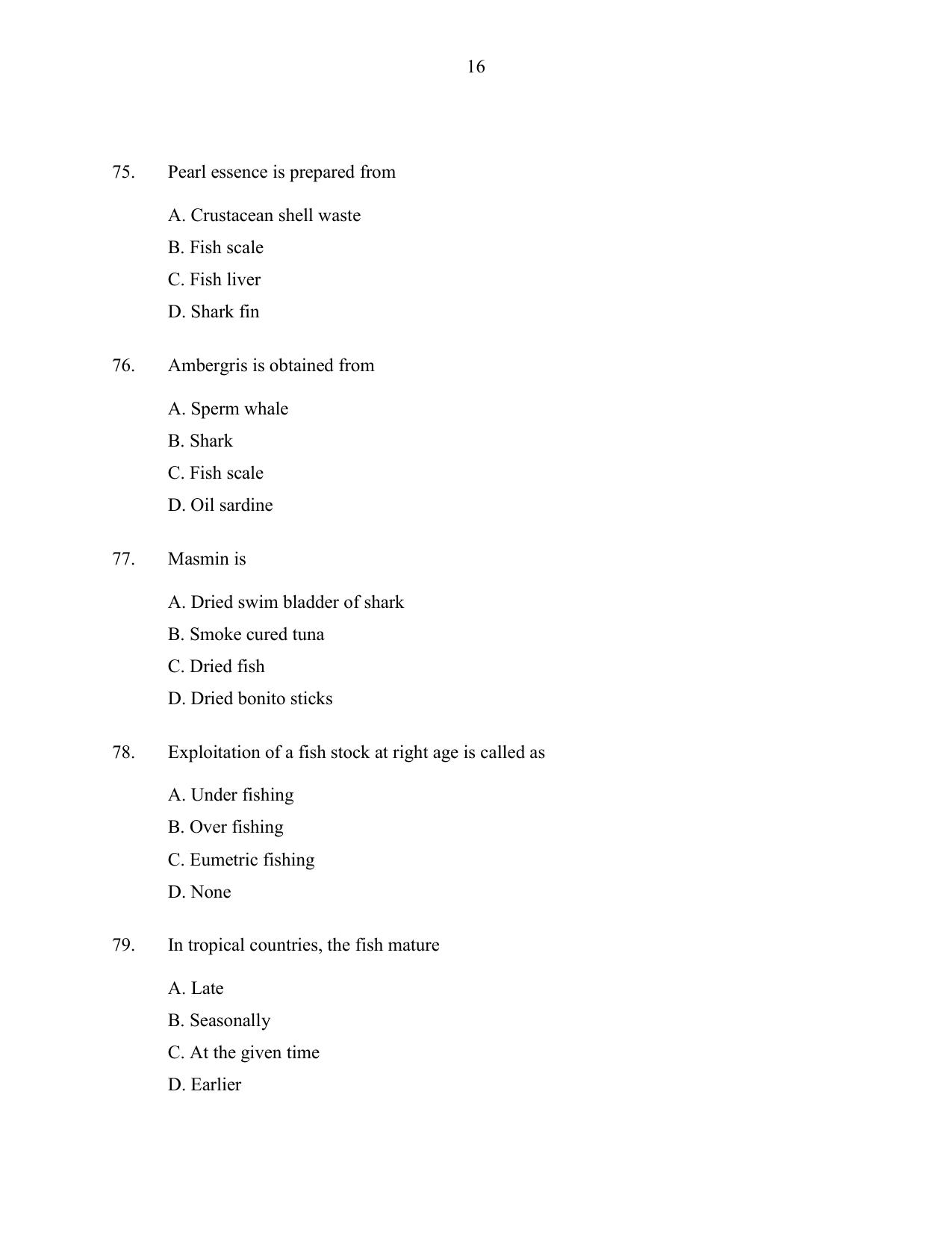 CUSAT CAT 2016 Fisheries Question Paper - Page 16
