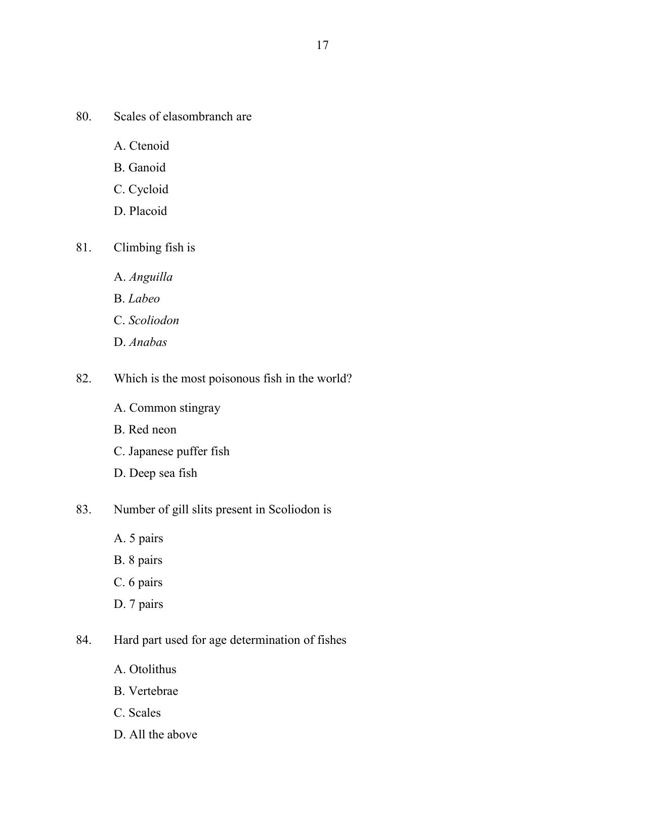 CUSAT CAT 2016 Fisheries Question Paper - Page 17