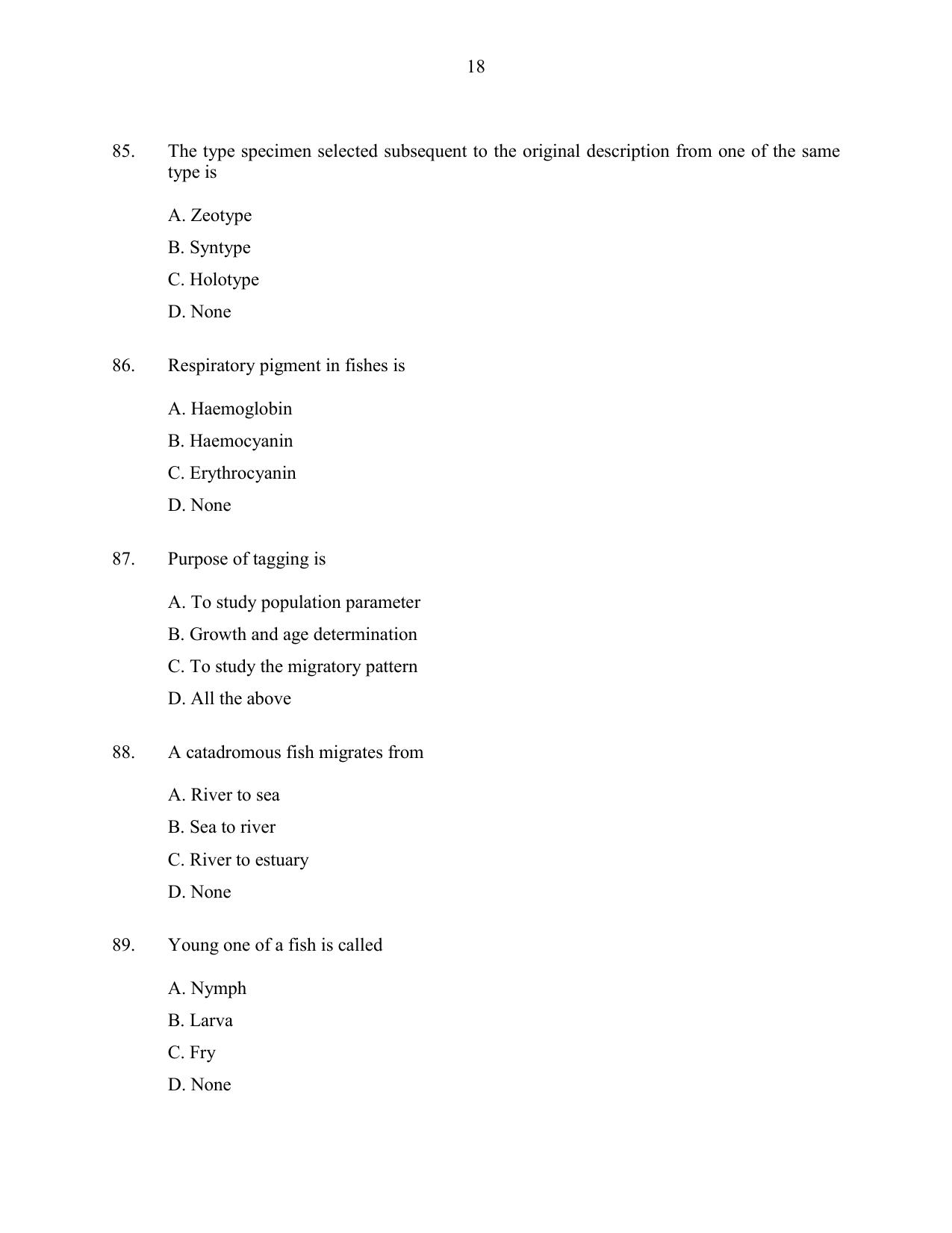CUSAT CAT 2016 Fisheries Question Paper - Page 18