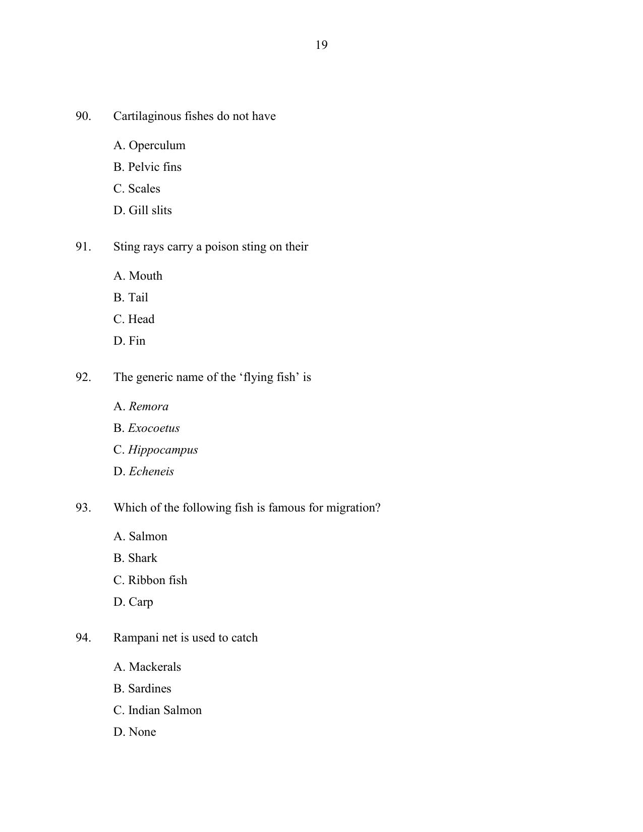 CUSAT CAT 2016 Fisheries Question Paper - Page 19