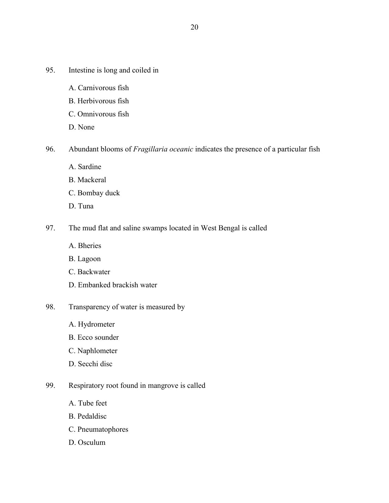 CUSAT CAT 2016 Fisheries Question Paper - Page 20