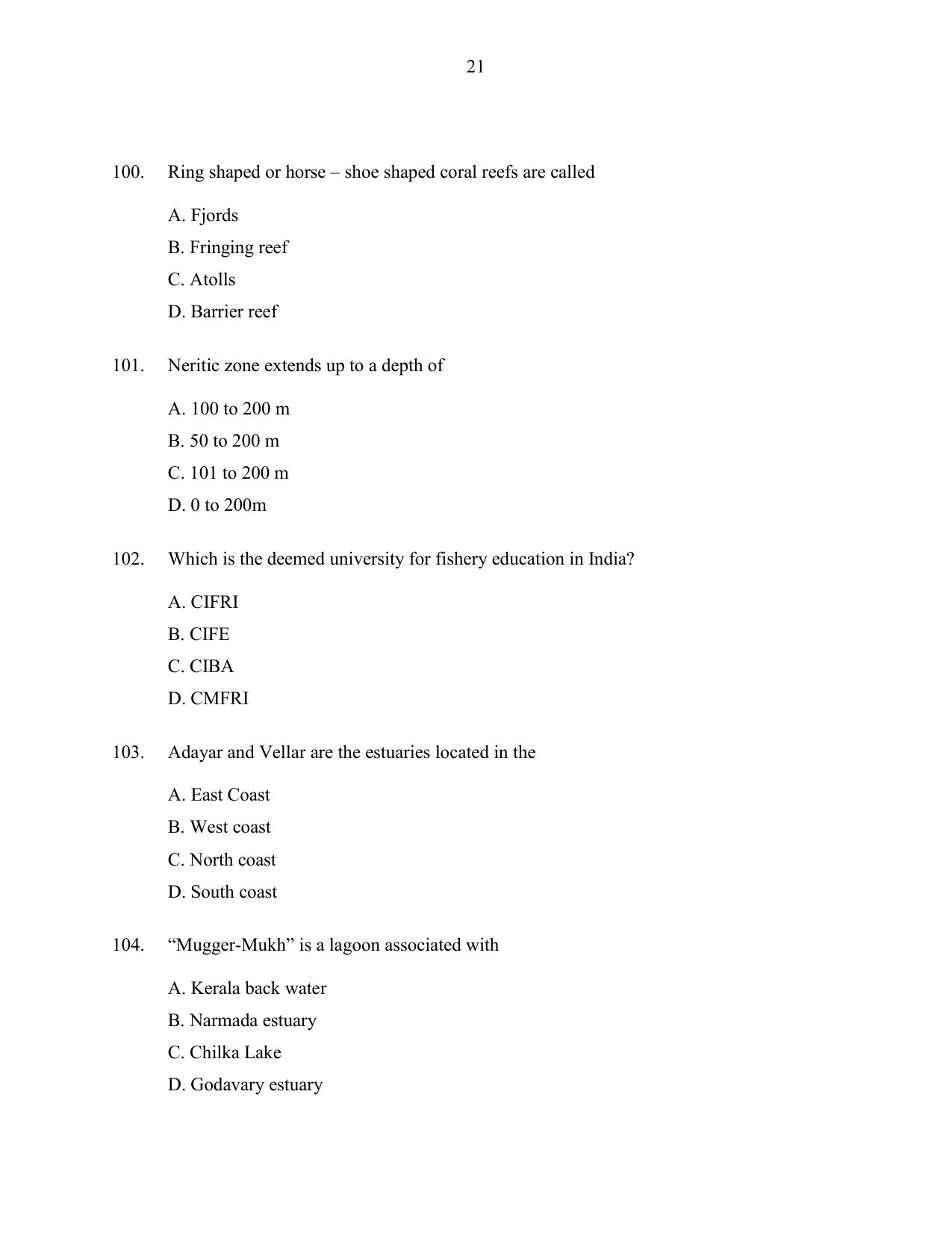 CUSAT CAT 2016 Fisheries Question Paper - Page 21