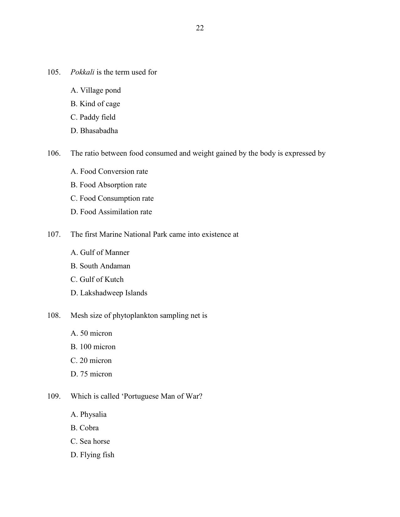 CUSAT CAT 2016 Fisheries Question Paper - Page 22