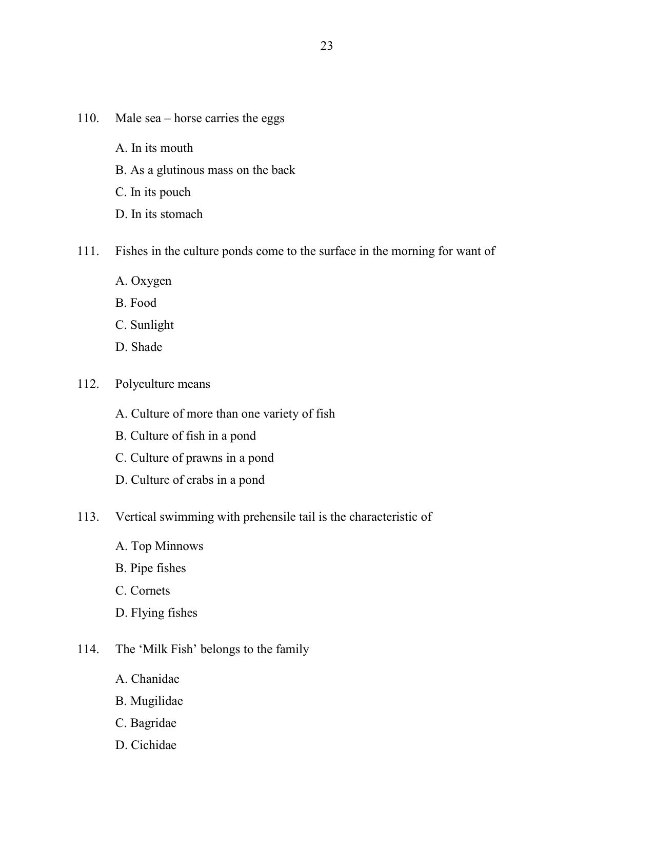 CUSAT CAT 2016 Fisheries Question Paper - Page 23