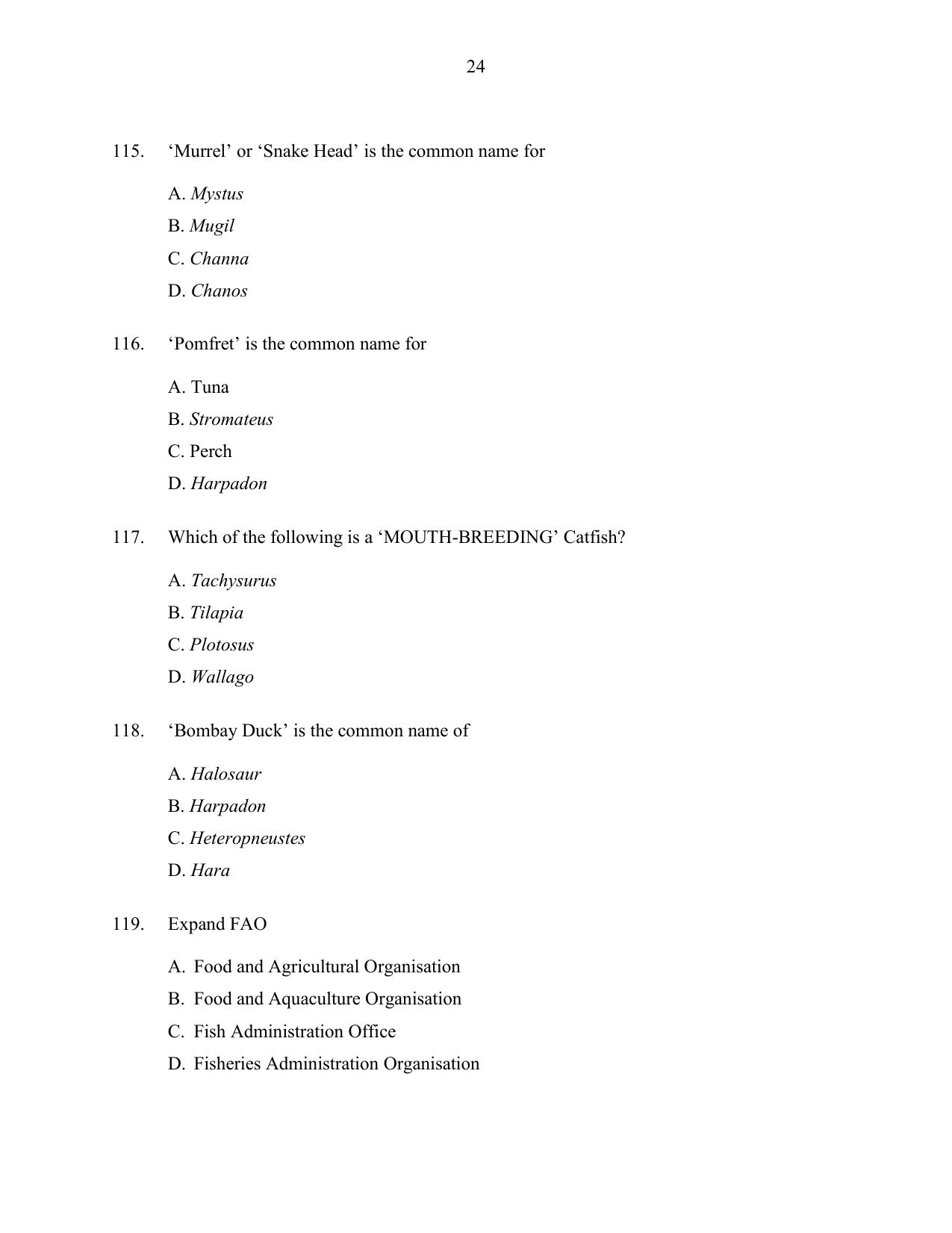 CUSAT CAT 2016 Fisheries Question Paper - Page 24