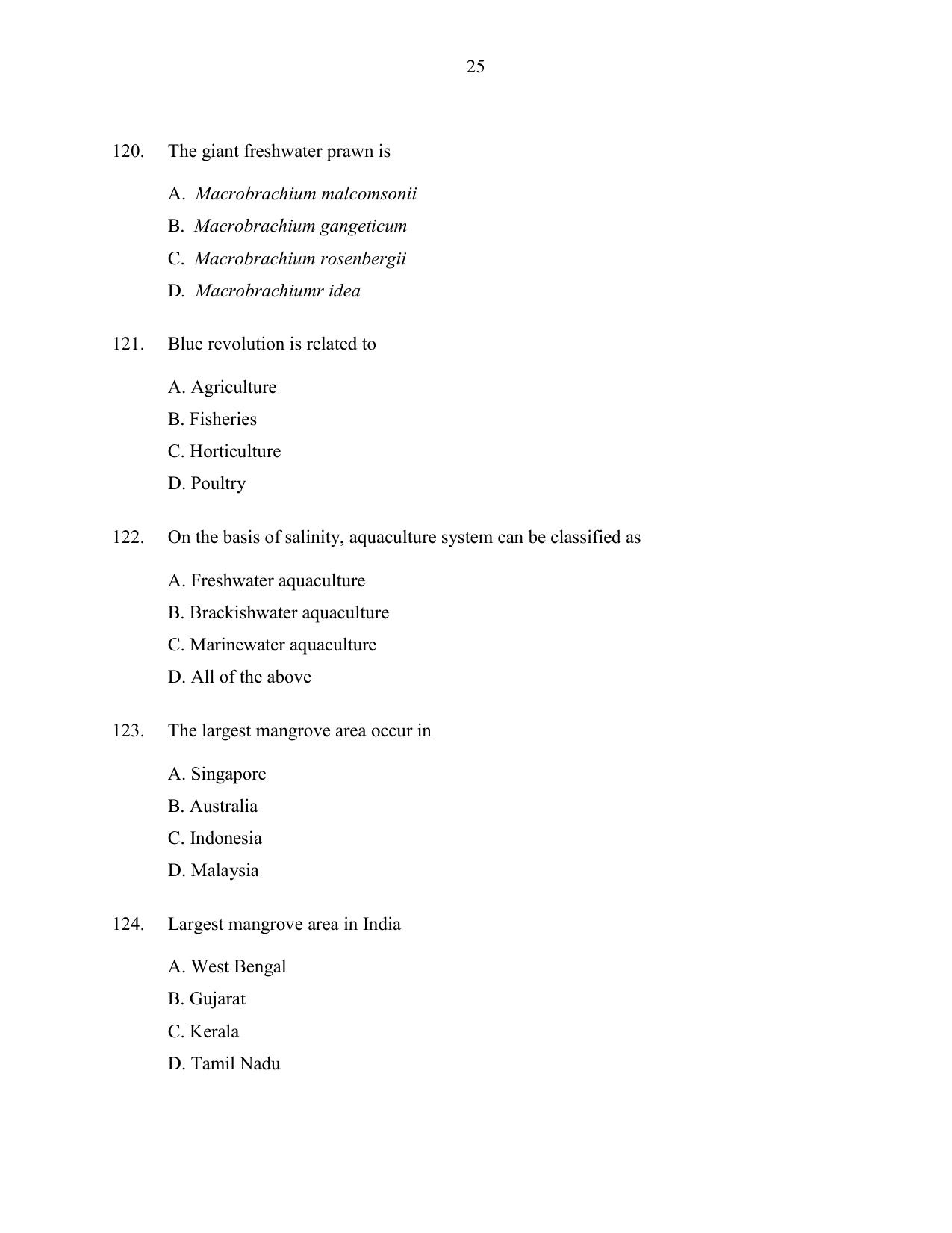 CUSAT CAT 2016 Fisheries Question Paper - Page 25
