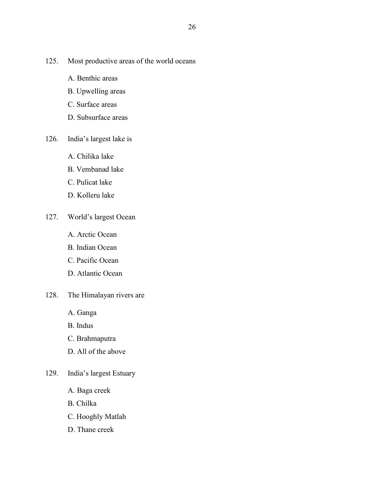 CUSAT CAT 2016 Fisheries Question Paper - Page 26