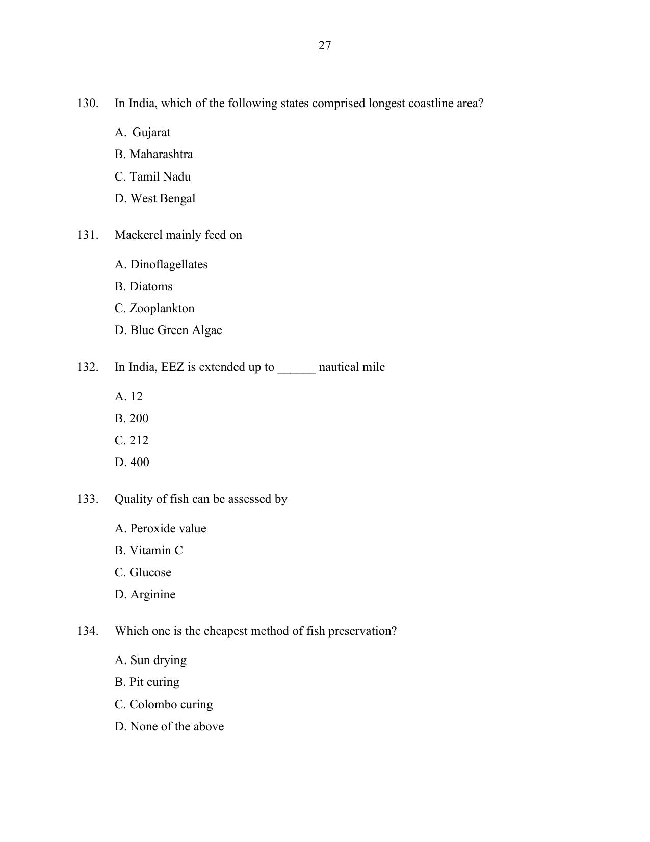 CUSAT CAT 2016 Fisheries Question Paper - Page 27
