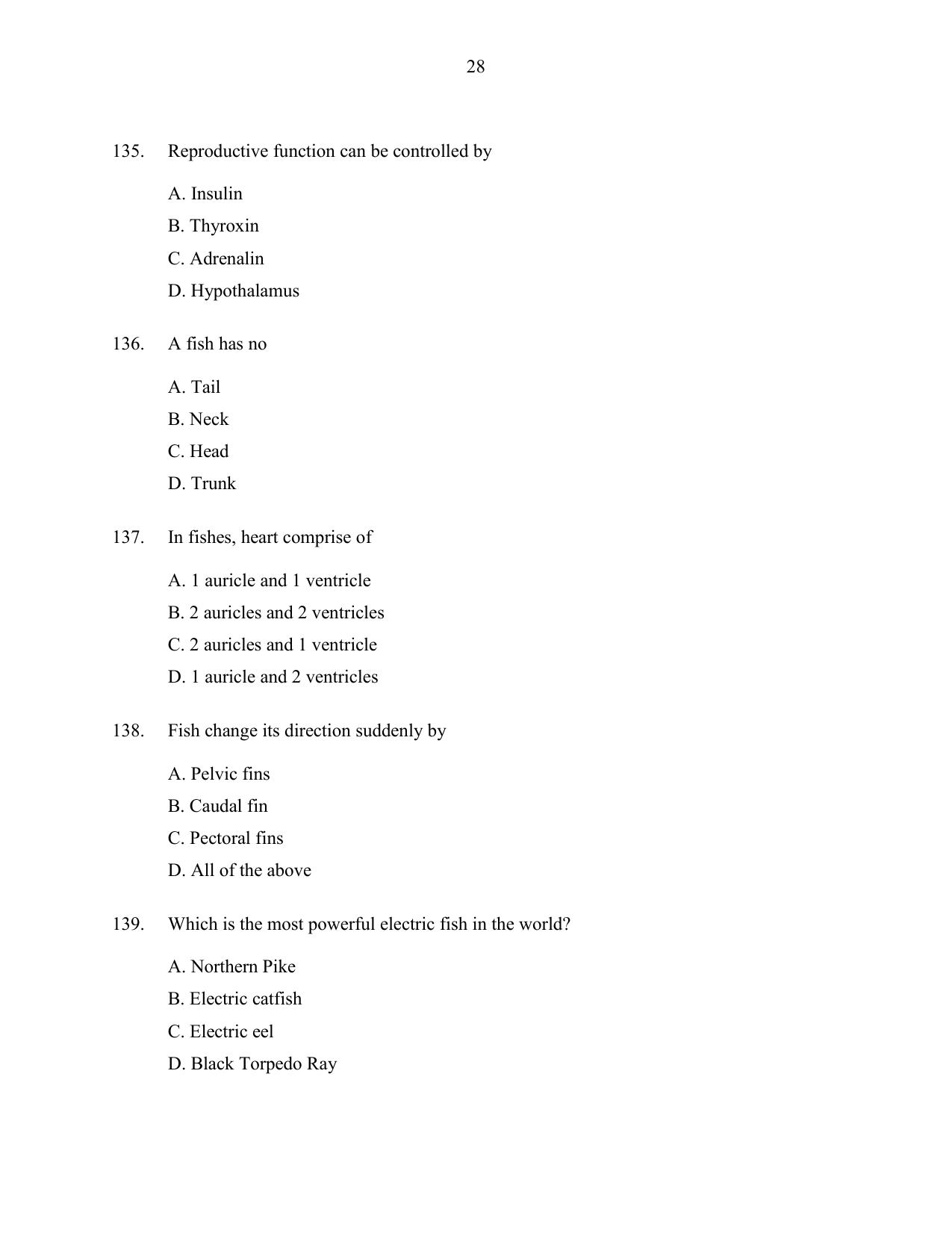 CUSAT CAT 2016 Fisheries Question Paper - Page 28