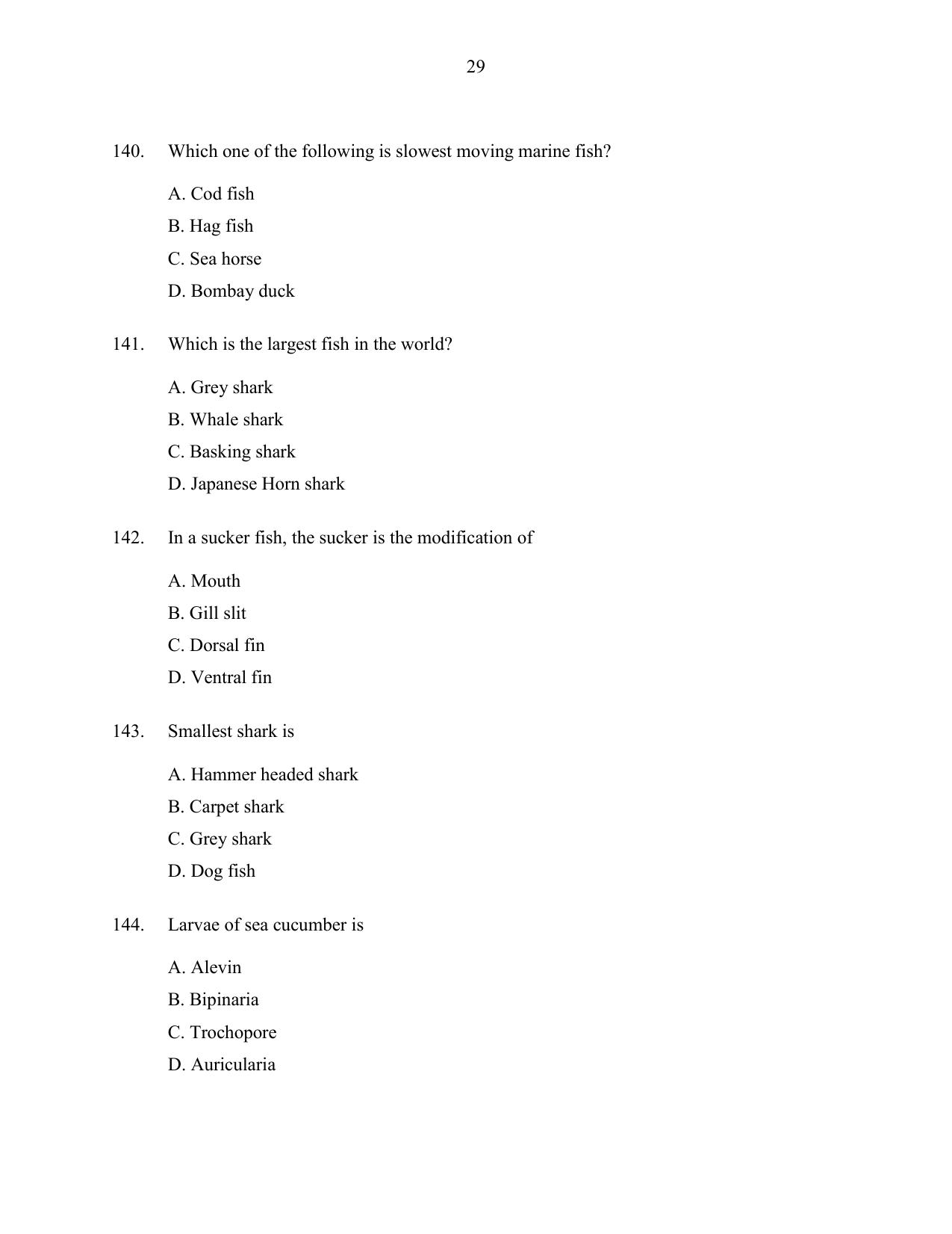 CUSAT CAT 2016 Fisheries Question Paper - Page 29