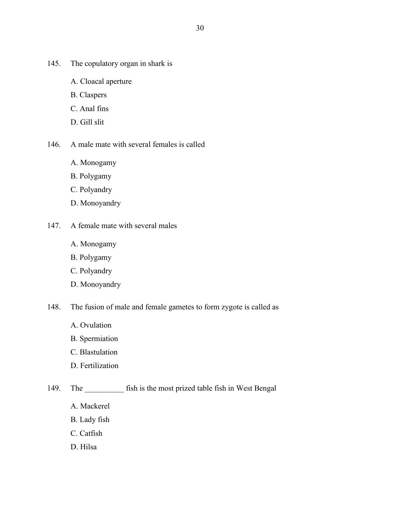 CUSAT CAT 2016 Fisheries Question Paper - Page 30