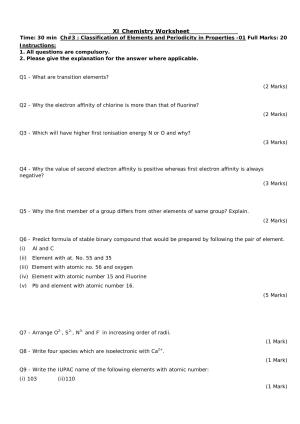 CBSE Worksheets for Class 11 Chemistry Classification of Elements and Periodicity Assignment 1