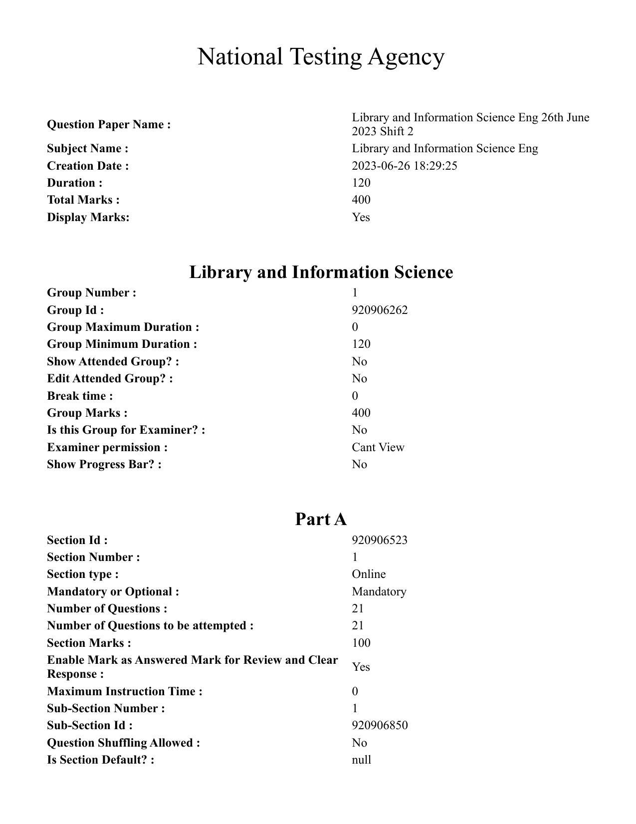 CUET PG 2023: COQP13 – Library & Information Science (Eng) - Shift 2 (26-06-2023) Question Paper - Page 1