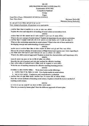 Bilaspur University Question Paper June 2022:Master of Education (Sem IV) Pedagogy of Social Science Paper 1