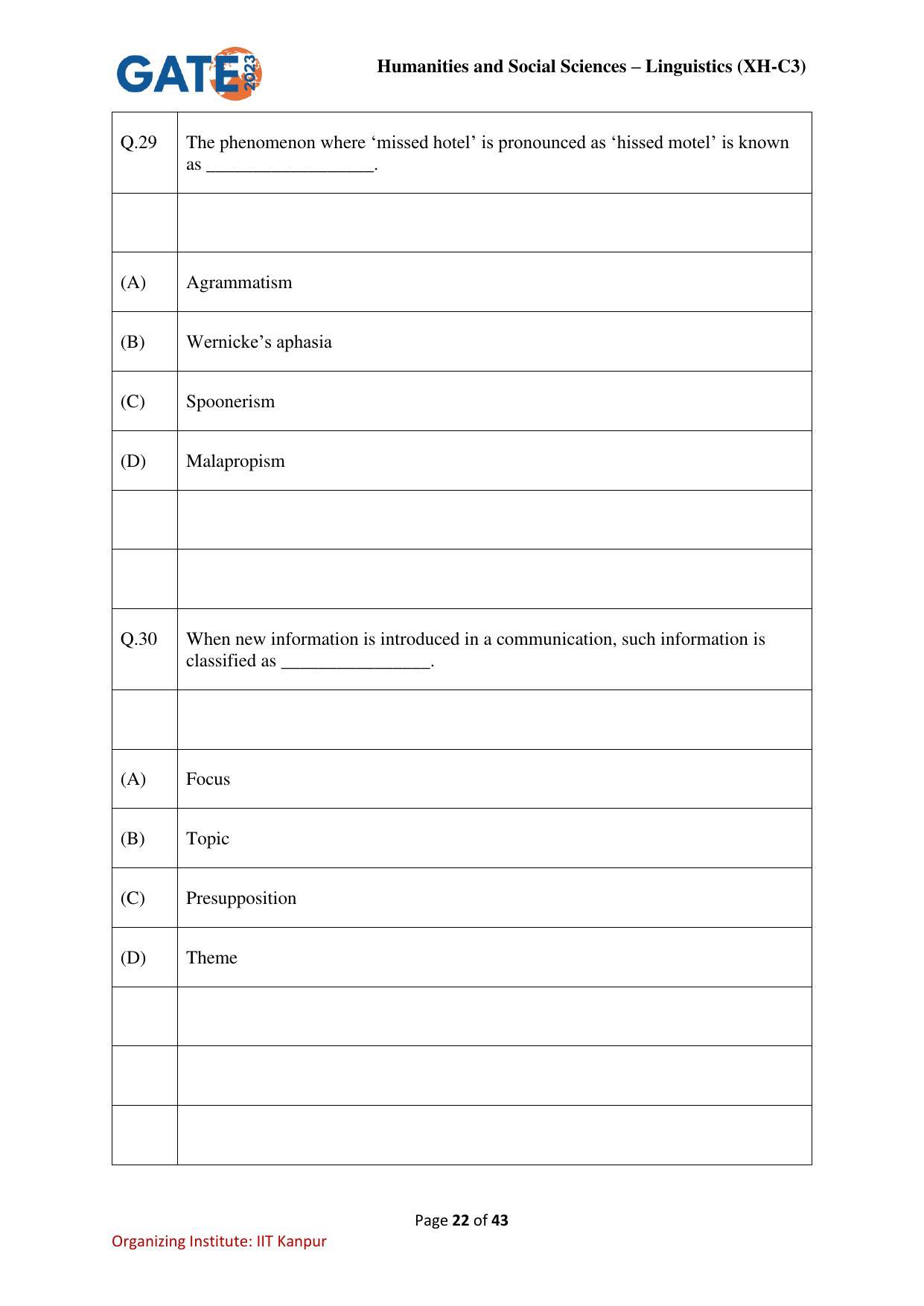 GATE 2023 Humanities & Social Sciences – Linguistics (XH-C3) Question Paper - Page 22