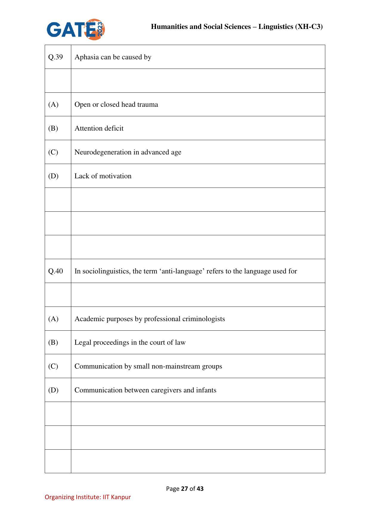 GATE 2023 Humanities & Social Sciences – Linguistics (XH-C3) Question Paper - Page 27