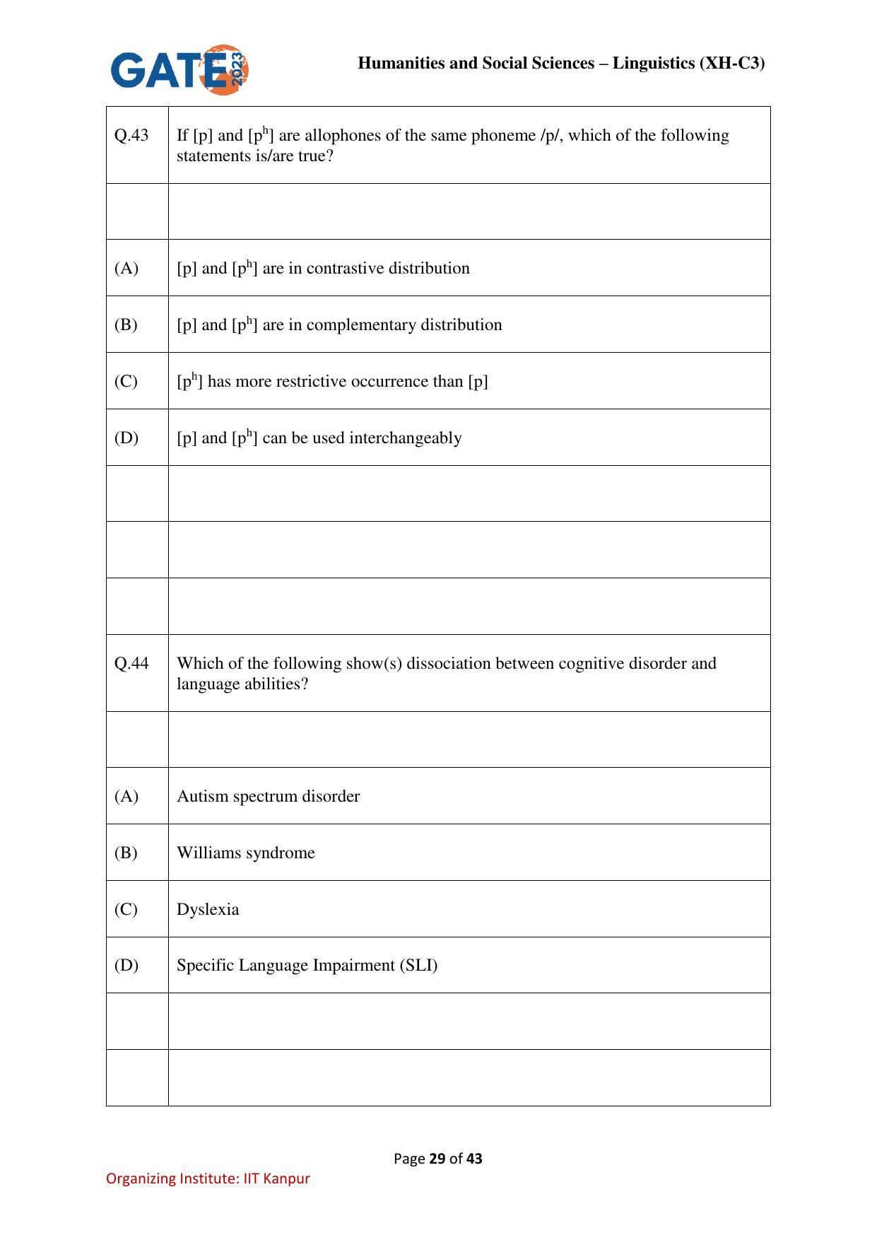 GATE 2023 Humanities & Social Sciences – Linguistics (XH-C3) Question Paper - Page 29