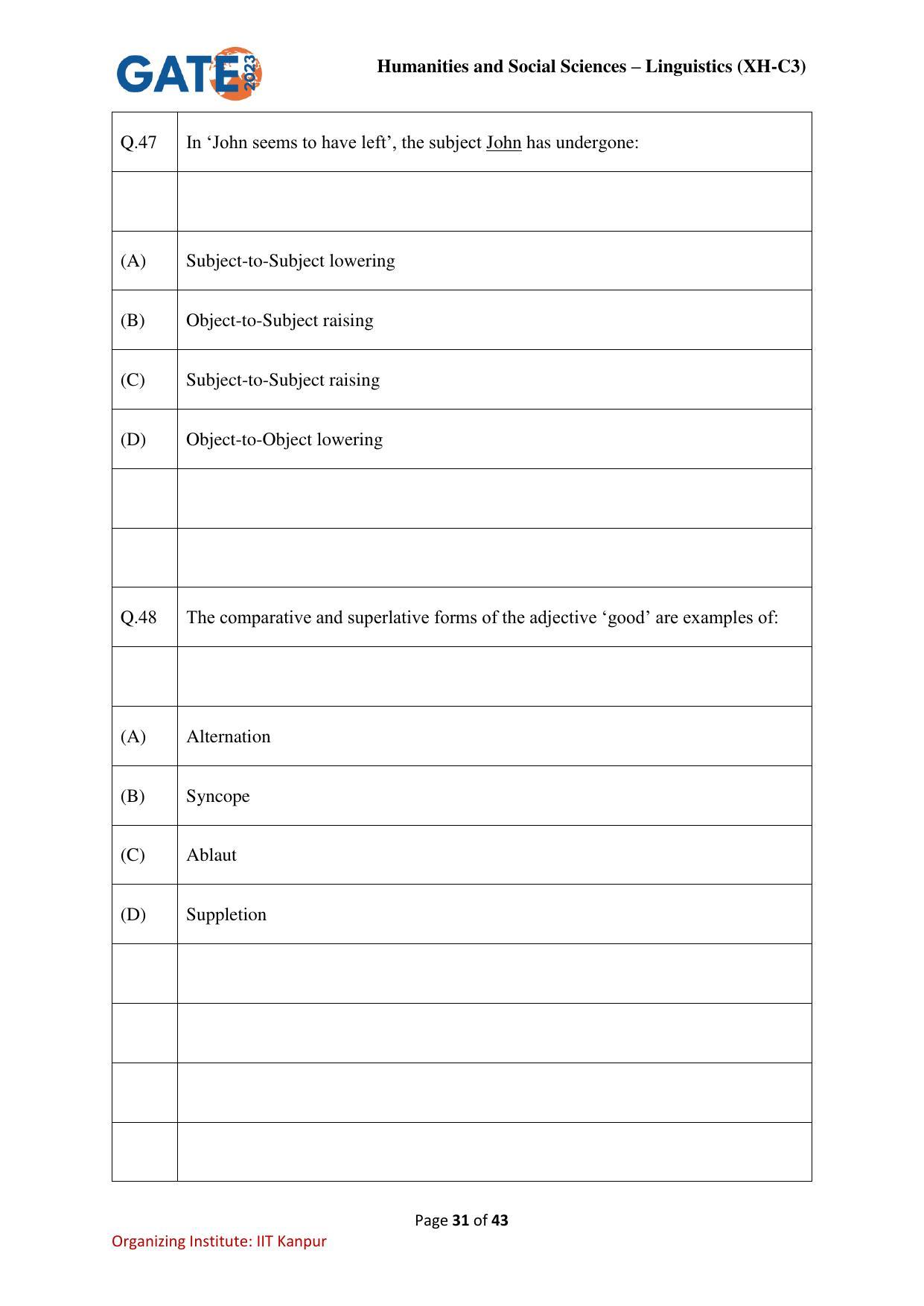 GATE 2023 Humanities & Social Sciences – Linguistics (XH-C3) Question Paper - Page 31
