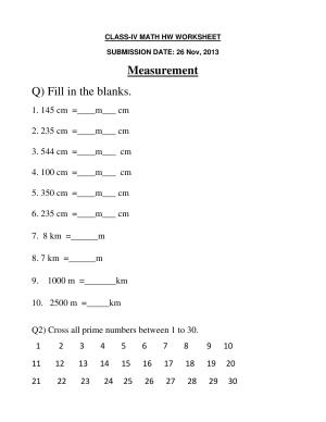 Worksheet for Class 4 Maths Assignment 40 Measurement