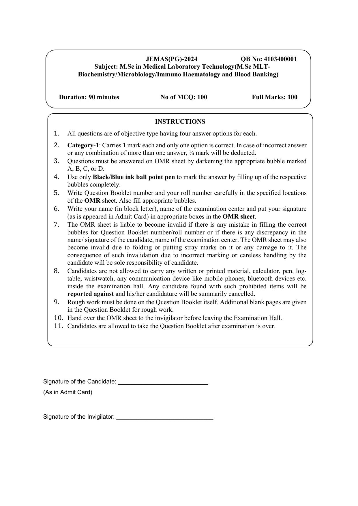 WB JEMAS (PG) M.Sc MLT 2024 Question Paper - Page 1