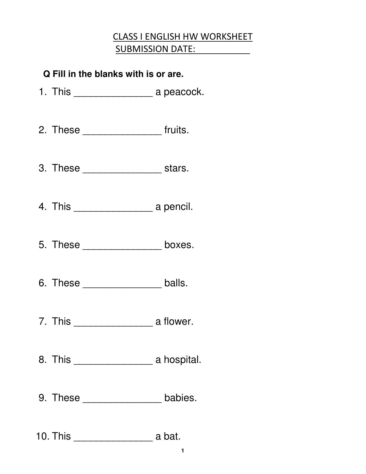 Worksheet for Class 1 English Assignment 54 Is Are - Page 1