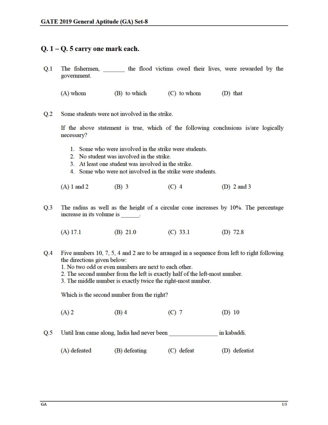 GATE 2019 Mathematics (MA) Question Paper - Page 1