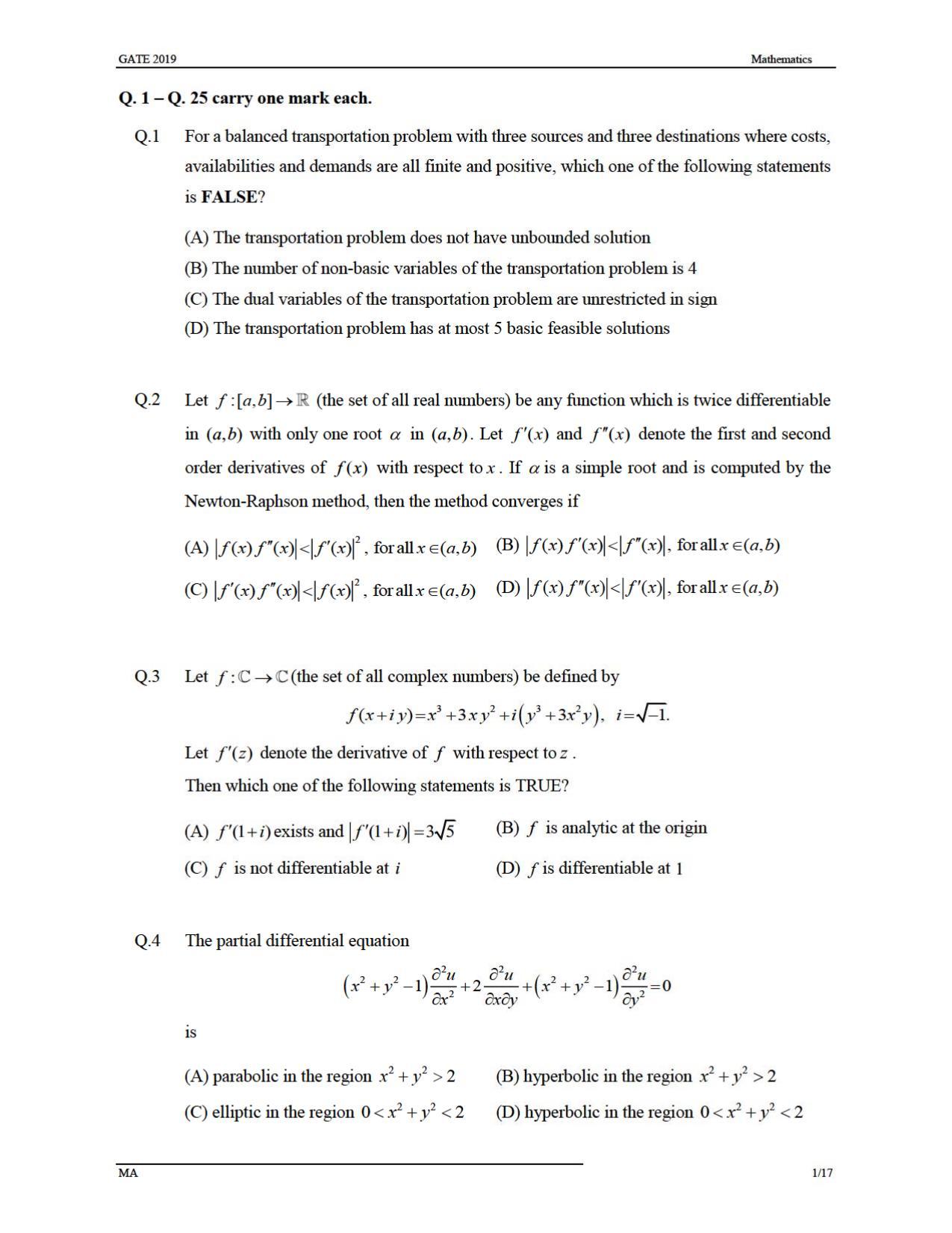 GATE 2019 Mathematics (MA) Question Paper - Page 4