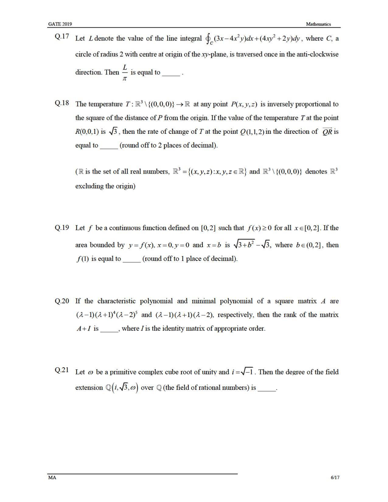 GATE 2019 Mathematics (MA) Question Paper - Page 9