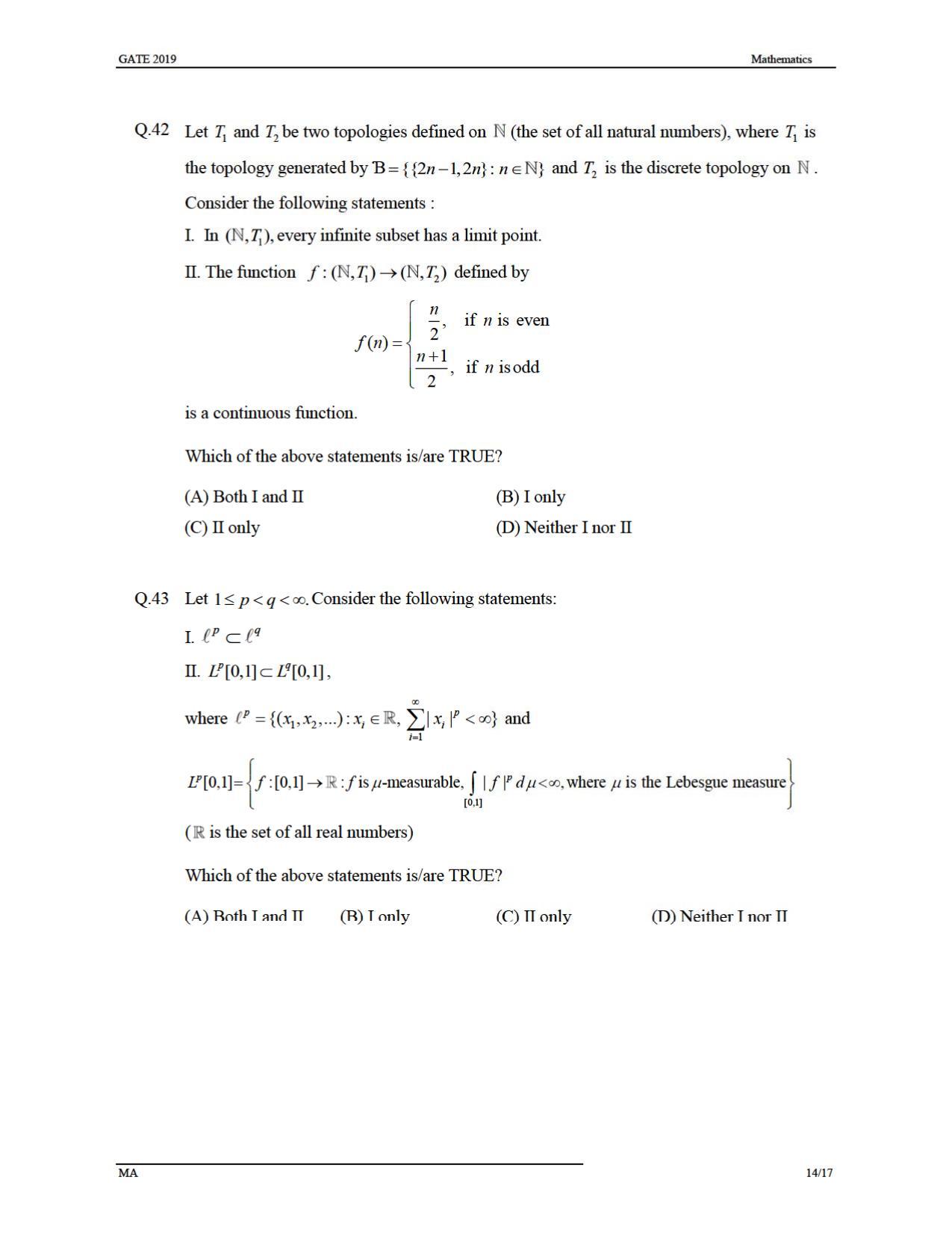 GATE 2019 Mathematics (MA) Question Paper - Page 17