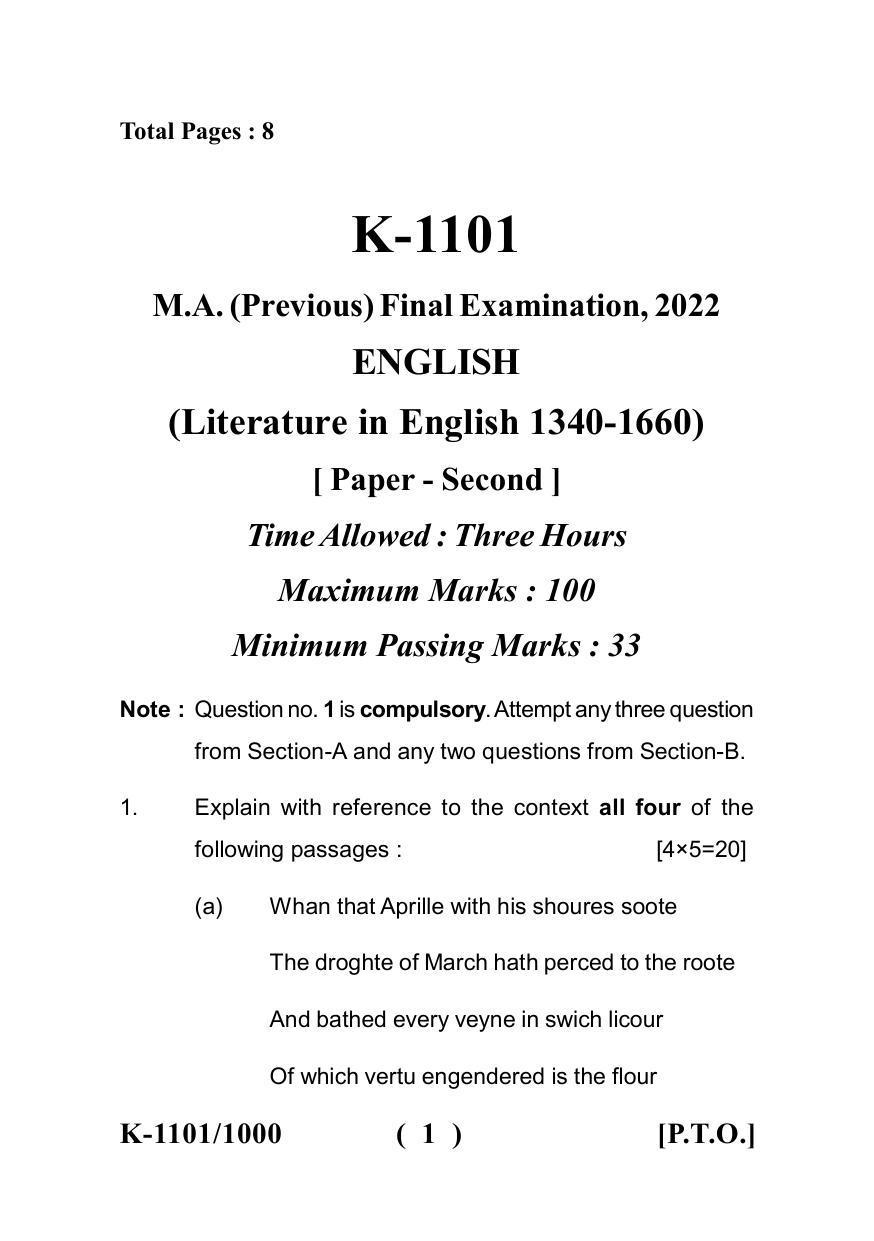 Sarguja University Question Paper - 2022 : M.A. (Previous) English Literature In English 1340-1660 Paper I - Page 1