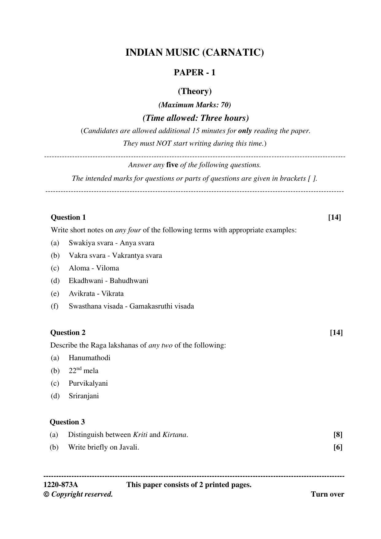 ISC Class 12 2020 Indian Music-Carnatic Paper I Question Paper - Page 1