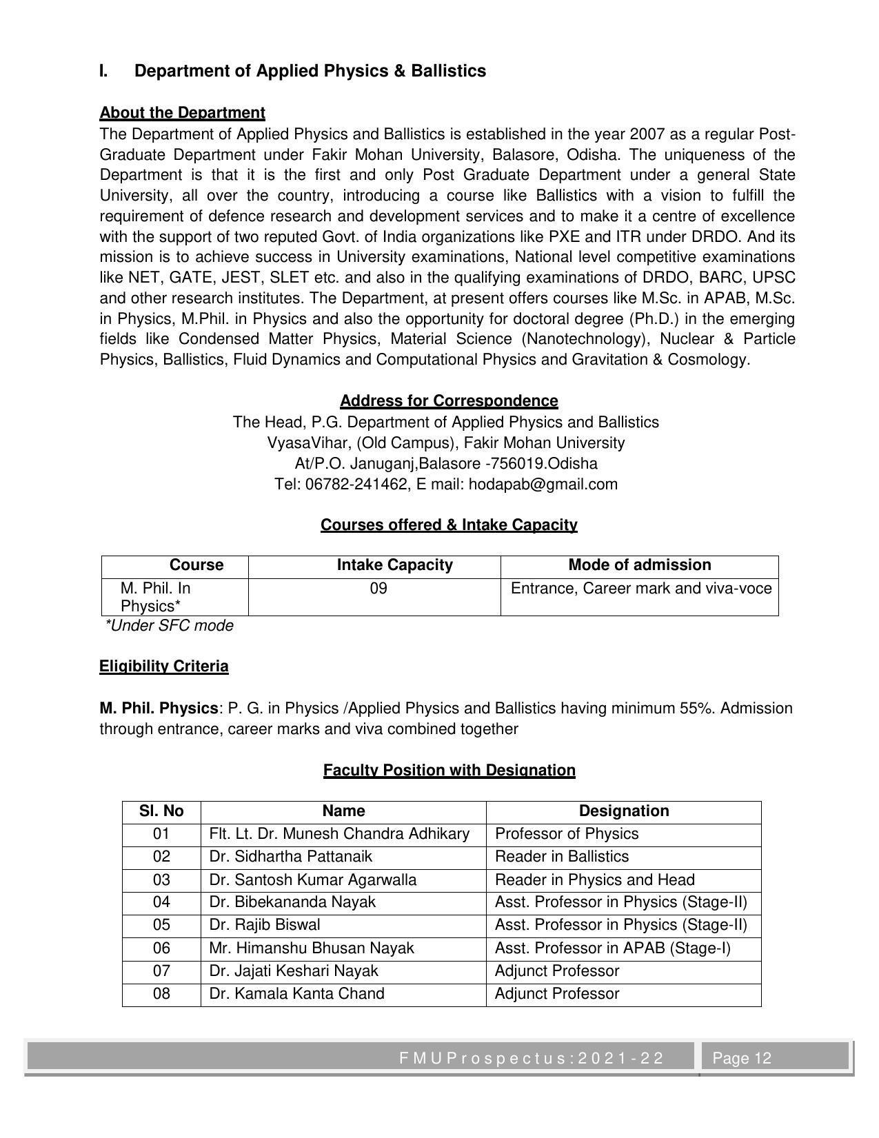 Fakir Mohan University, Balasore M.Phil Prospectus 2021-22 - Page 12