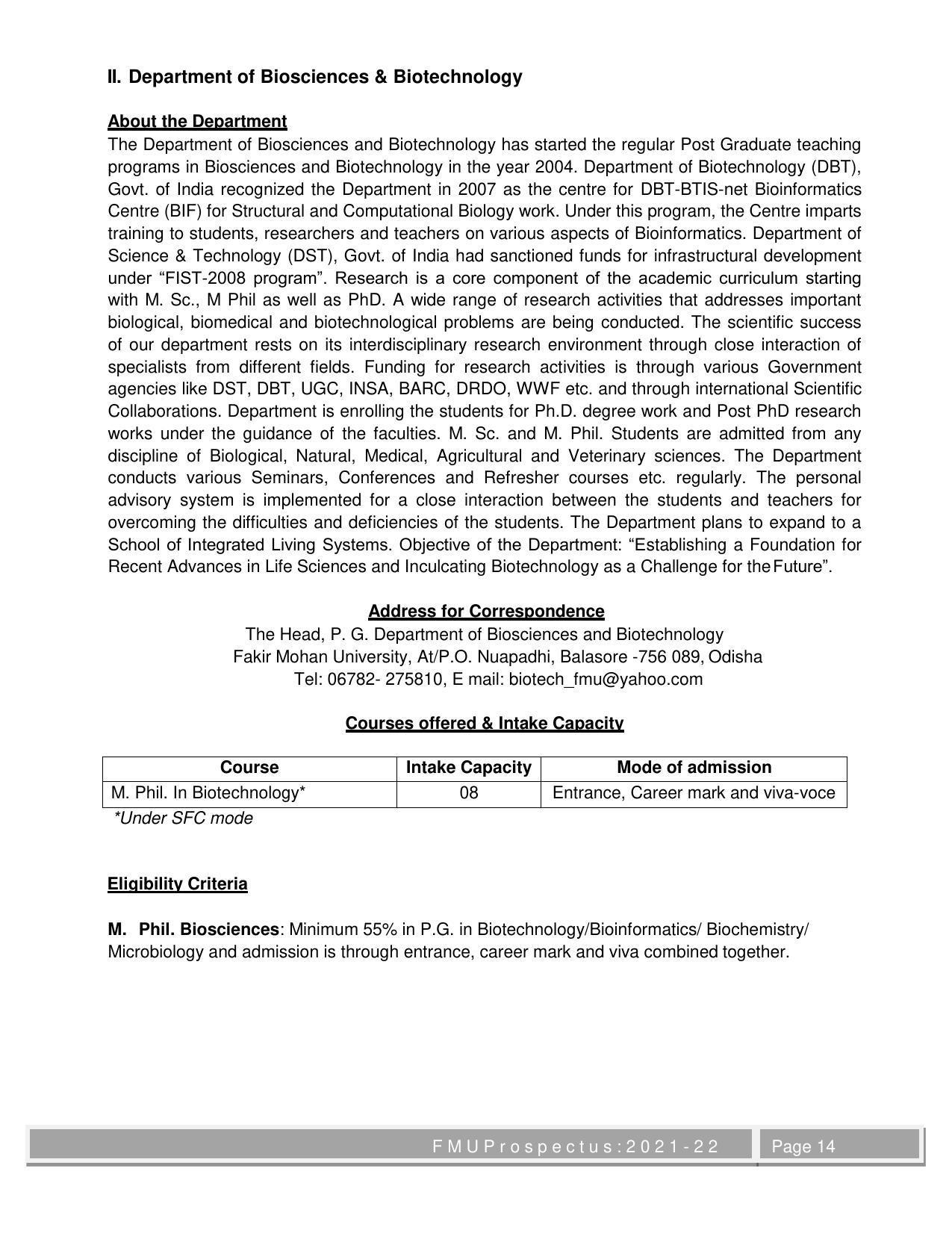 Fakir Mohan University, Balasore M.Phil Prospectus 2021-22 - Page 14
