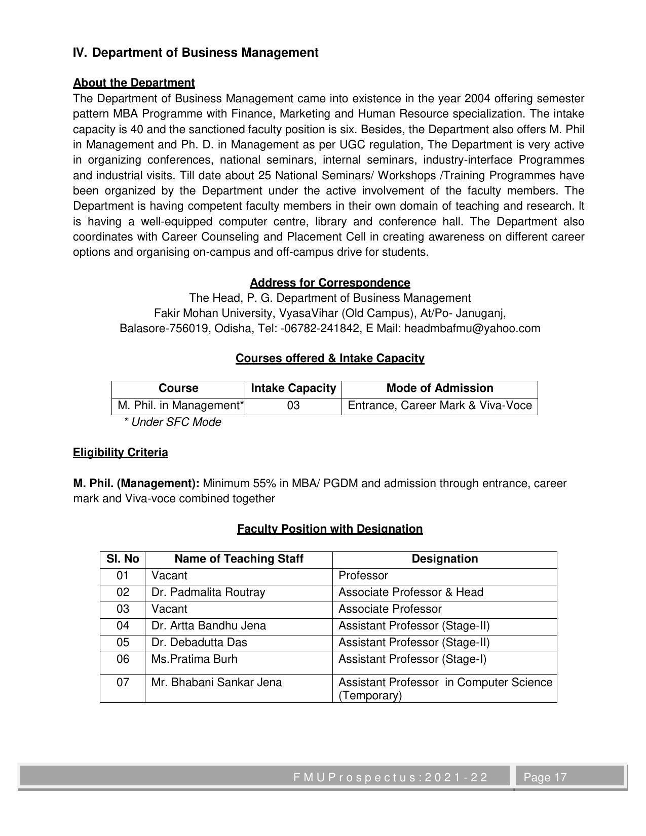 Fakir Mohan University, Balasore M.Phil Prospectus 2021-22 - Page 17